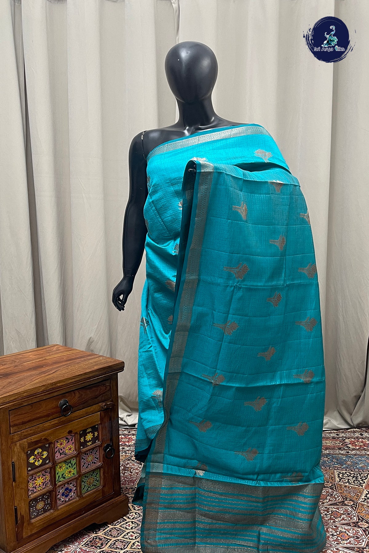 Teal Blue Semi Tussar Saree With Zari Woven Pattern