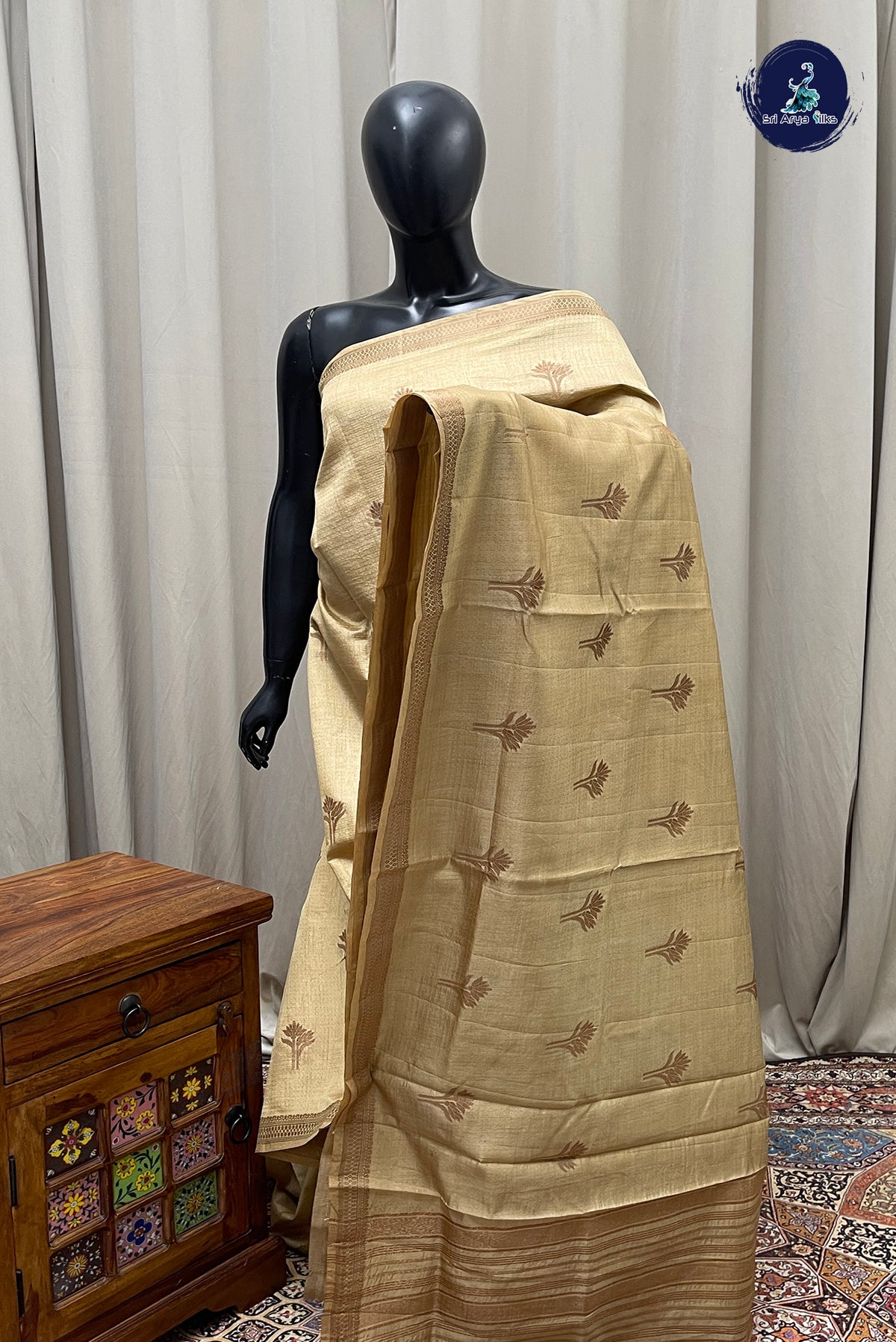 Beige Semi Tussar Saree With Zari Woven Pattern