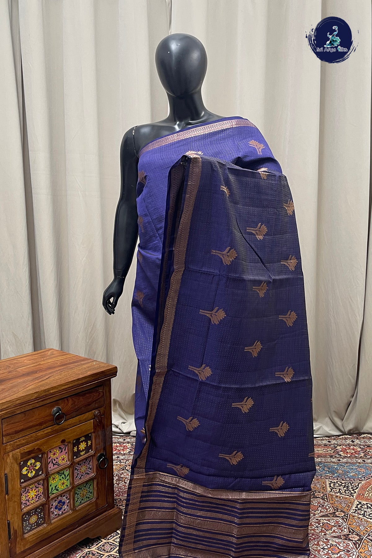 Dark Blue Semi Tussar Saree With Zari Woven Pattern