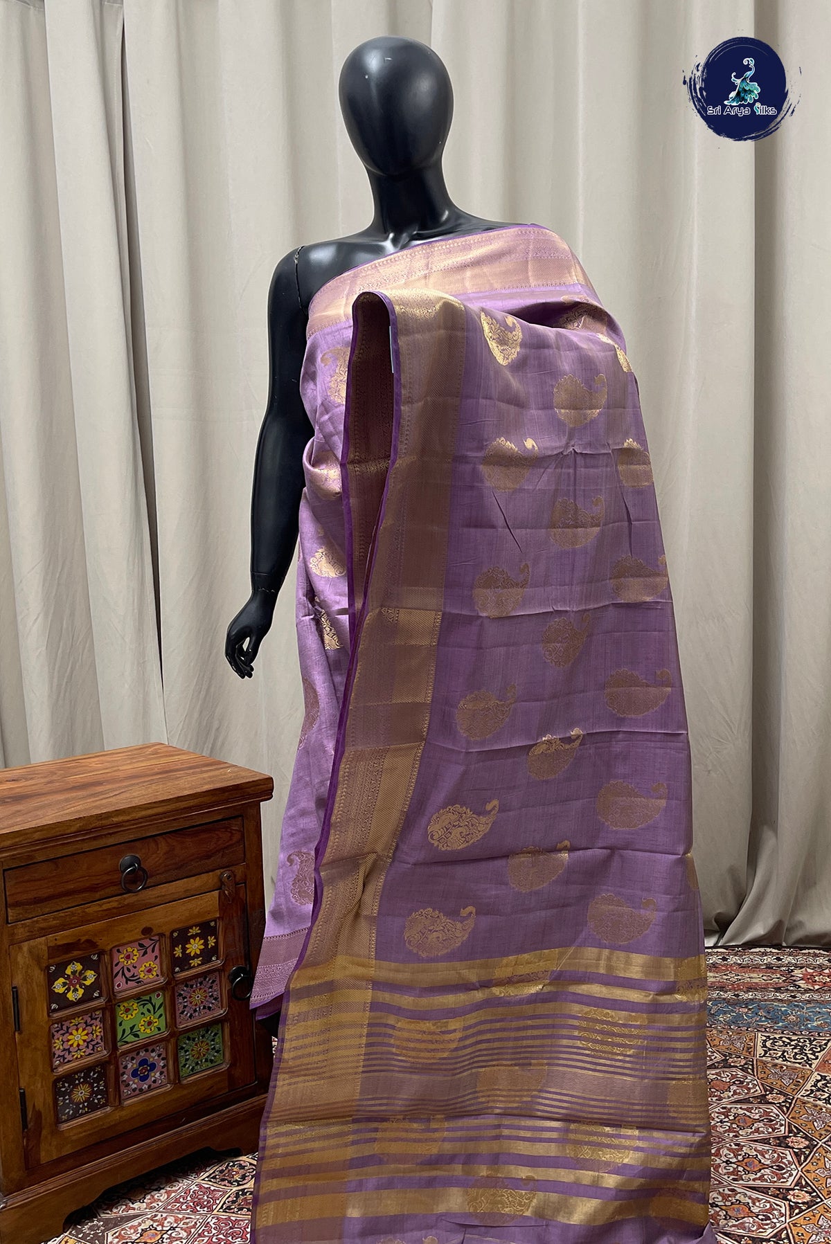Lavender Semi Tussar Saree With Zari Buttas Pattern