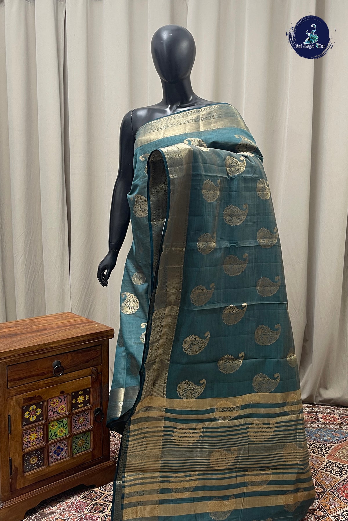 Green Semi Tussar Saree With Zari Buttas Pattern