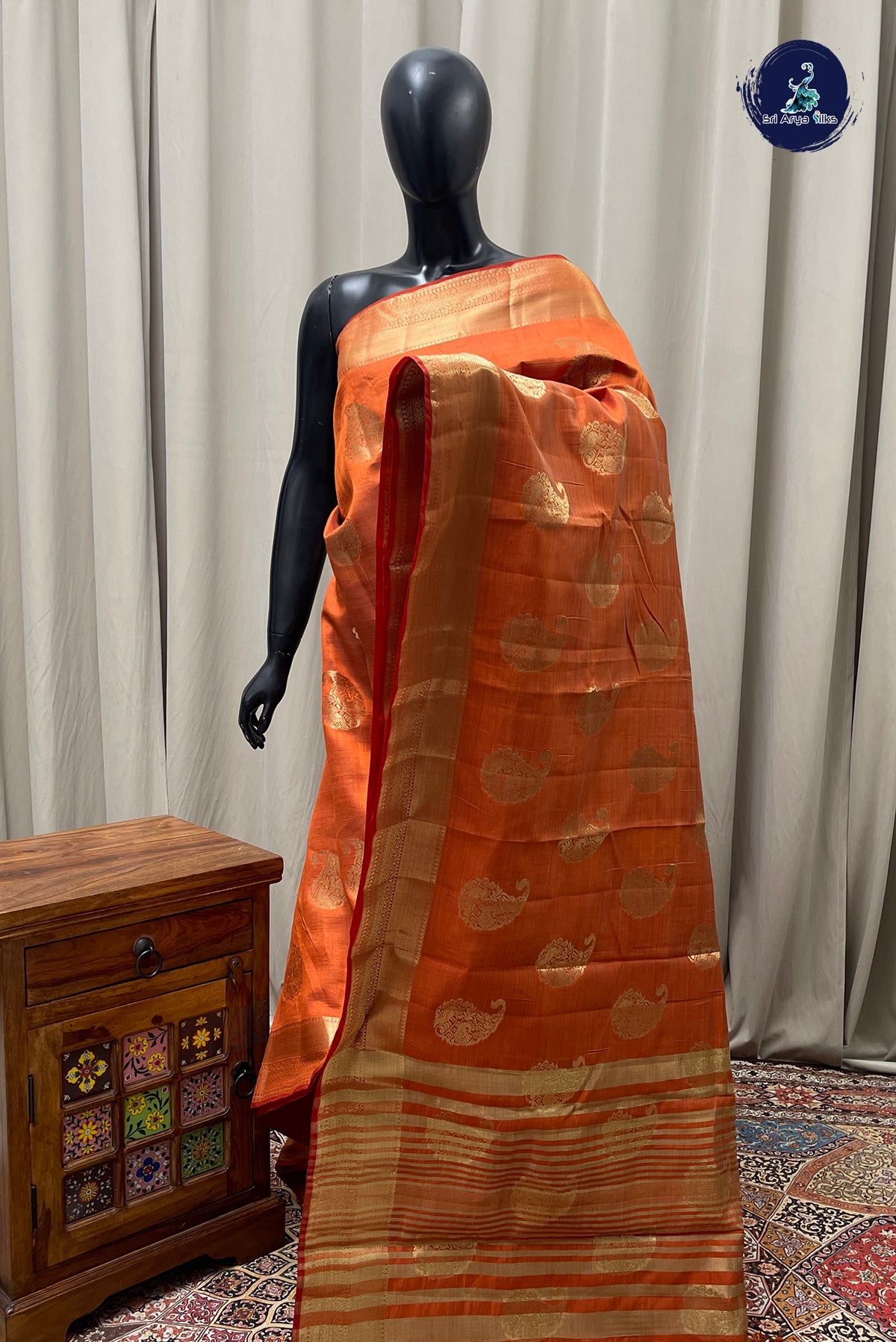 Orange Semi Tussar Saree With Zari Buttas Pattern