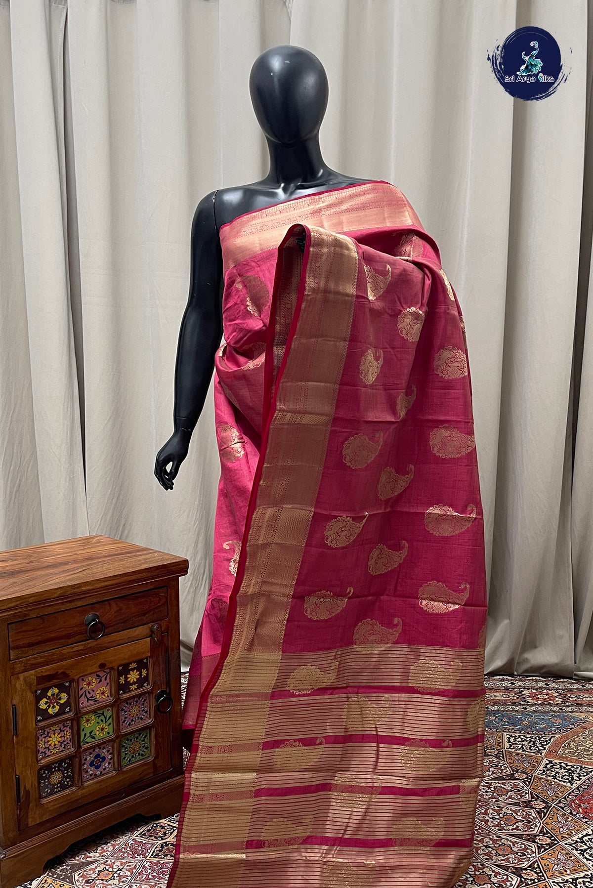 Dark Pink Semi Tussar Saree With Zari Buttas Pattern