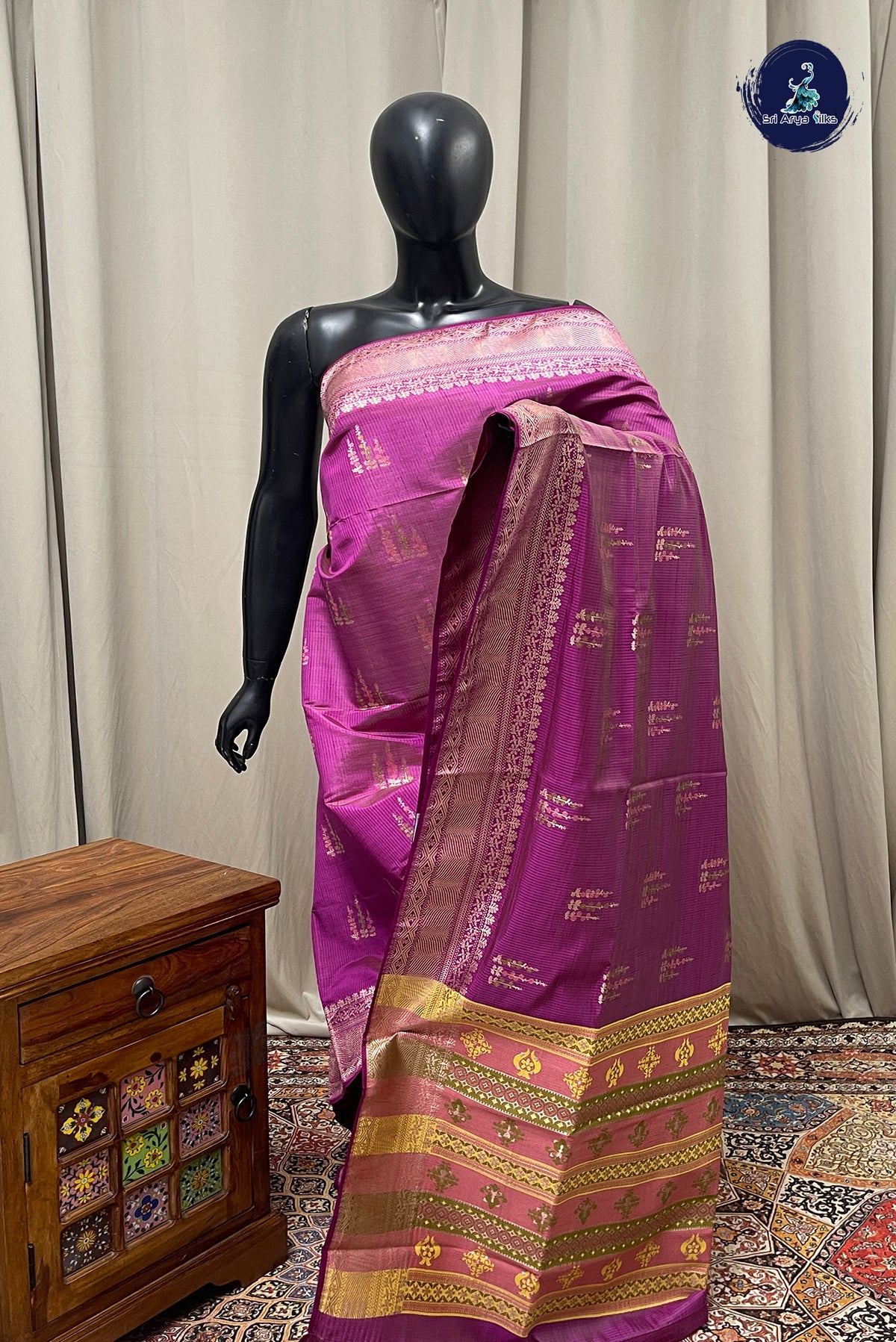 Magenta Purple Semi Tussar Saree With Zari Buttas Pattern