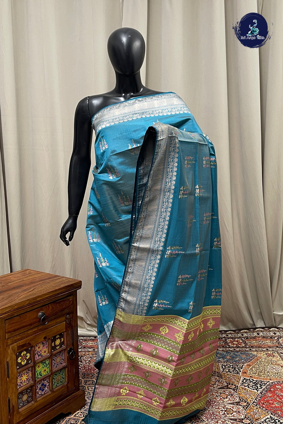 Teal Blue Semi Tussar Saree With Zari Buttas Pattern