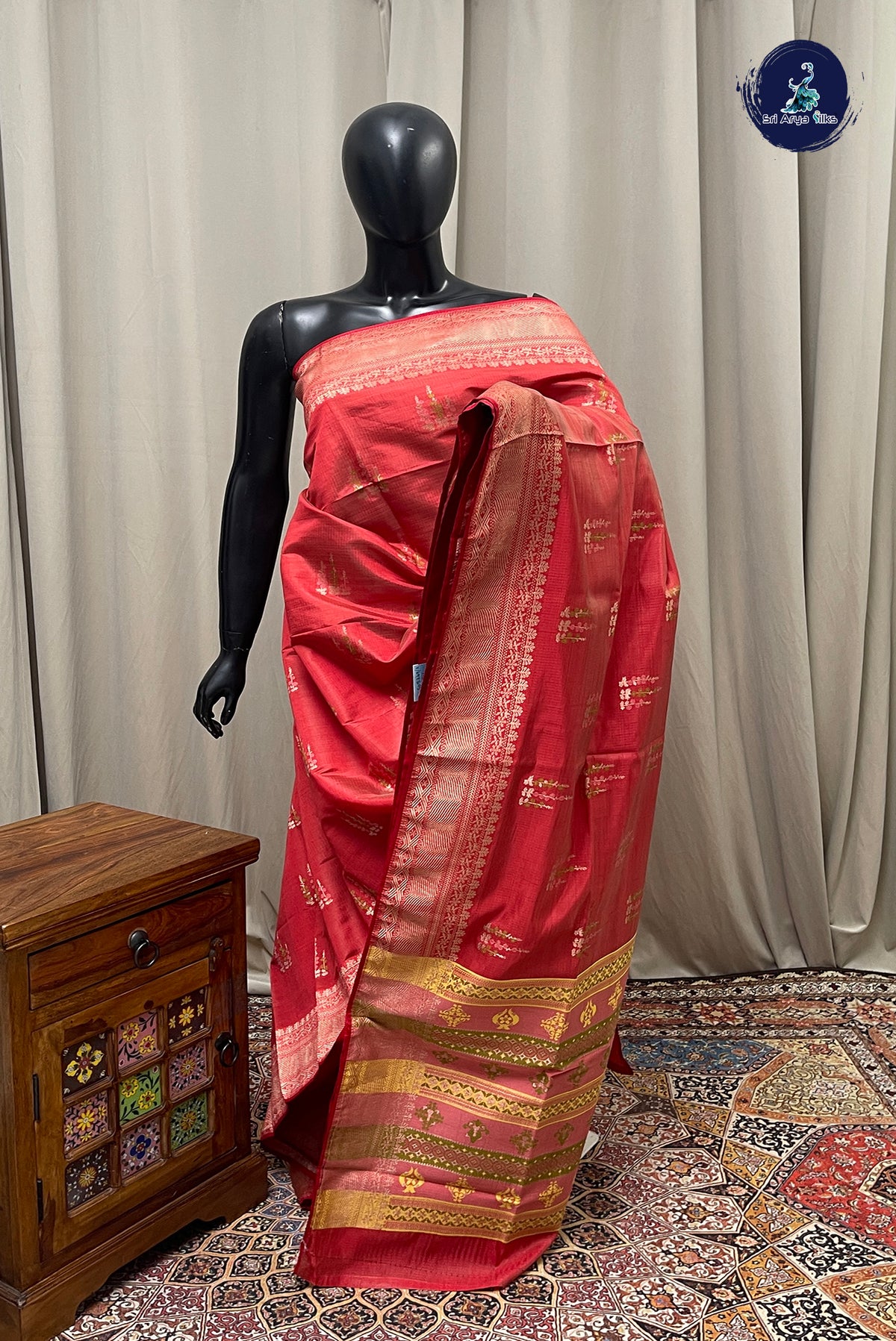 Red Semi Tussar Saree With Zari Buttas Pattern