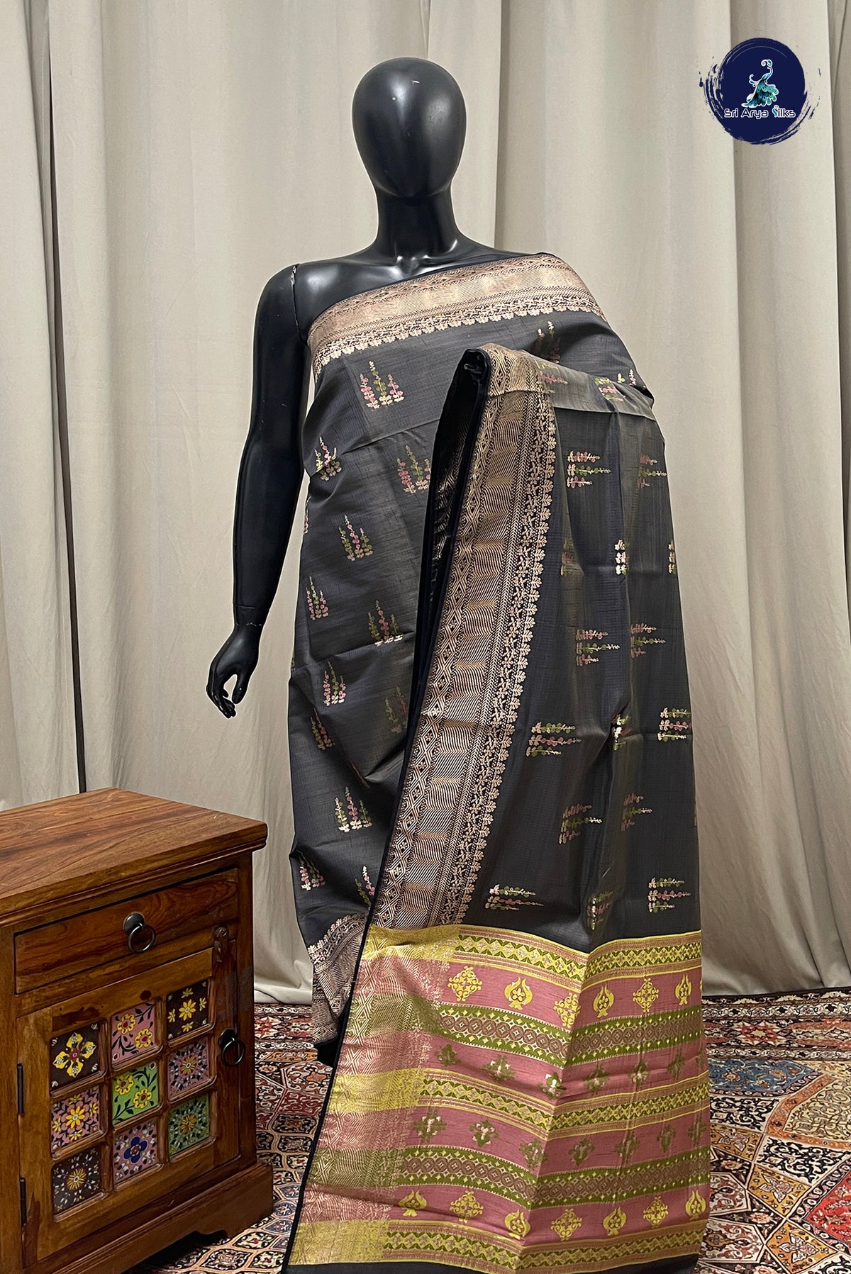 Elephant Grey Semi Tussar Saree With Zari Buttas Pattern