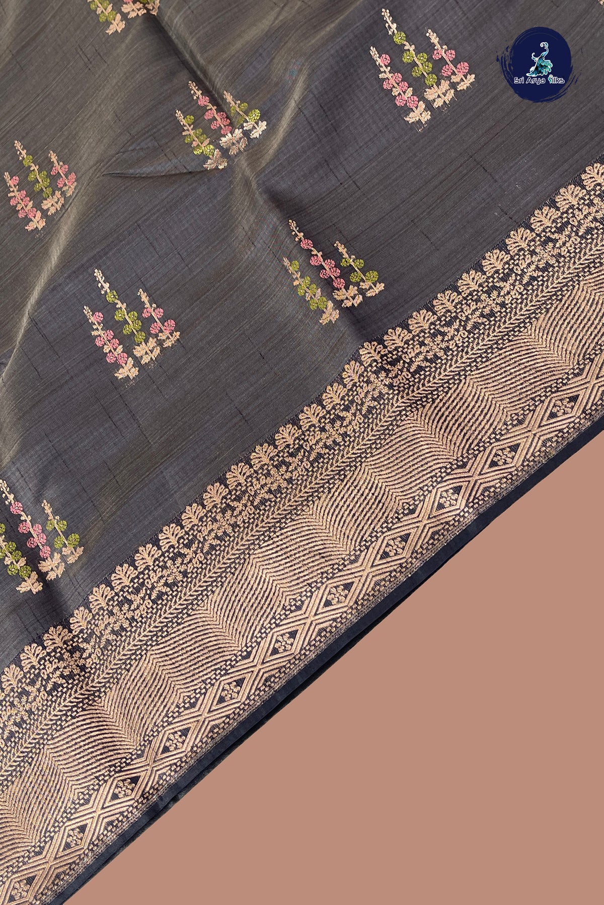 Elephant Grey Semi Tussar Saree With Zari Buttas Pattern