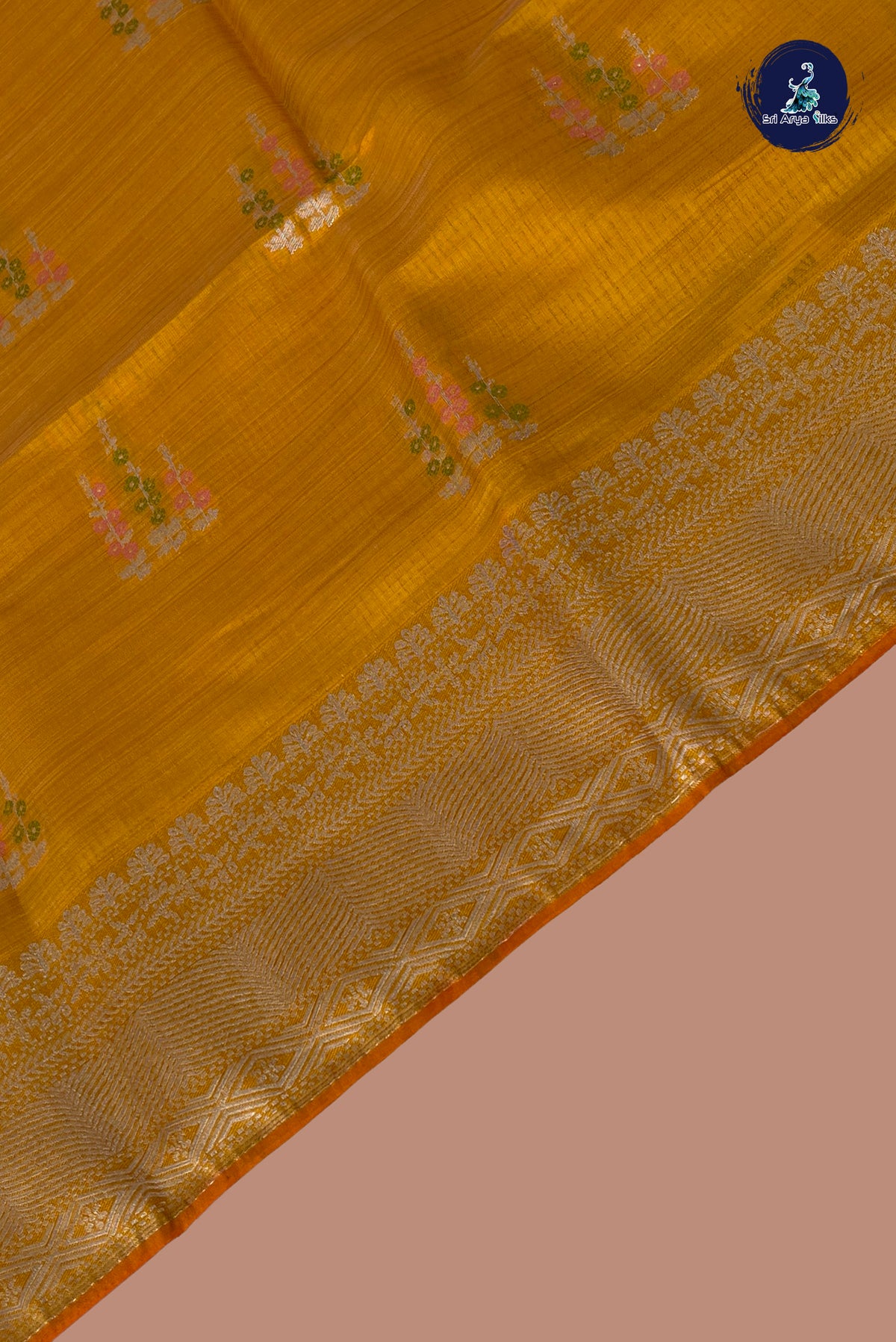 Lite Mustard Orange Semi Tussar Saree With Zari Buttas Pattern