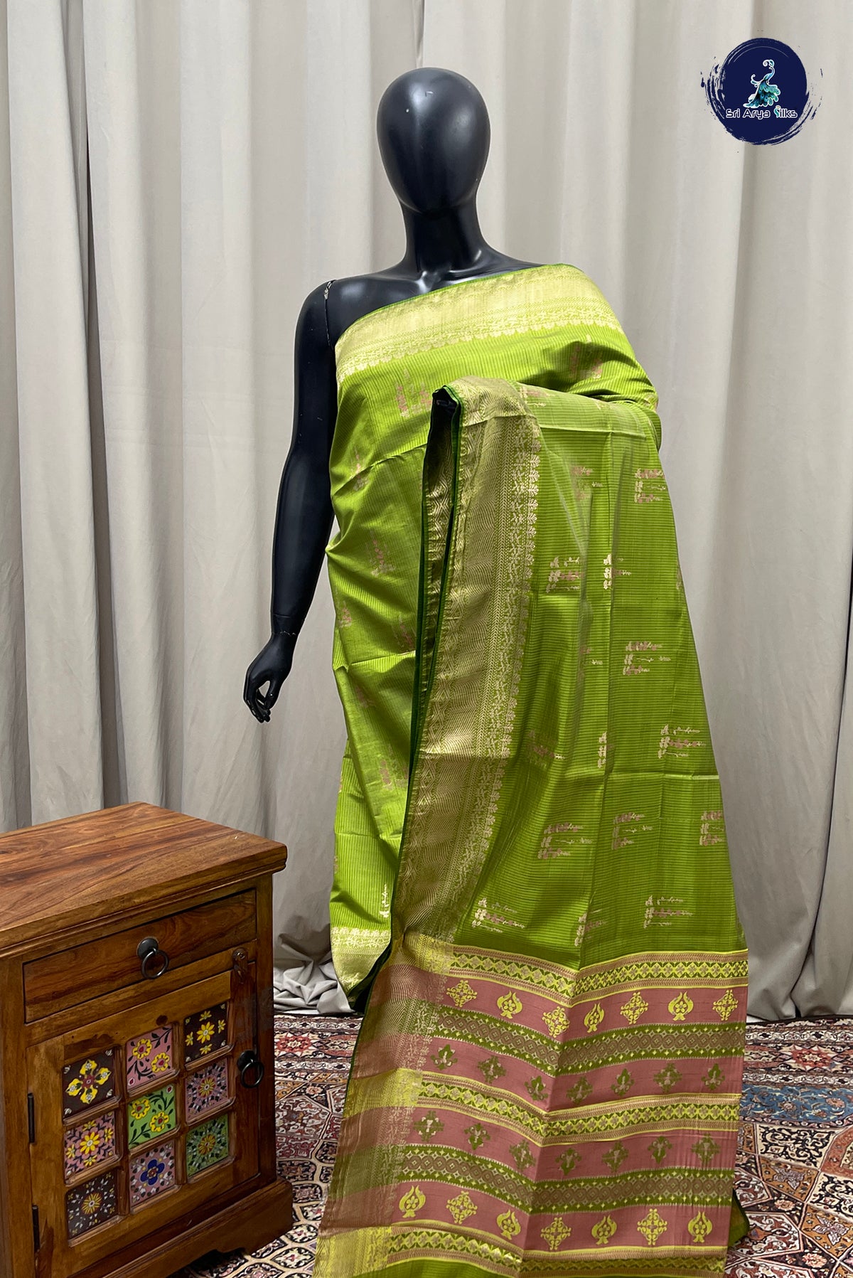 Light Green Semi Tussar Saree With Zari Buttas Pattern