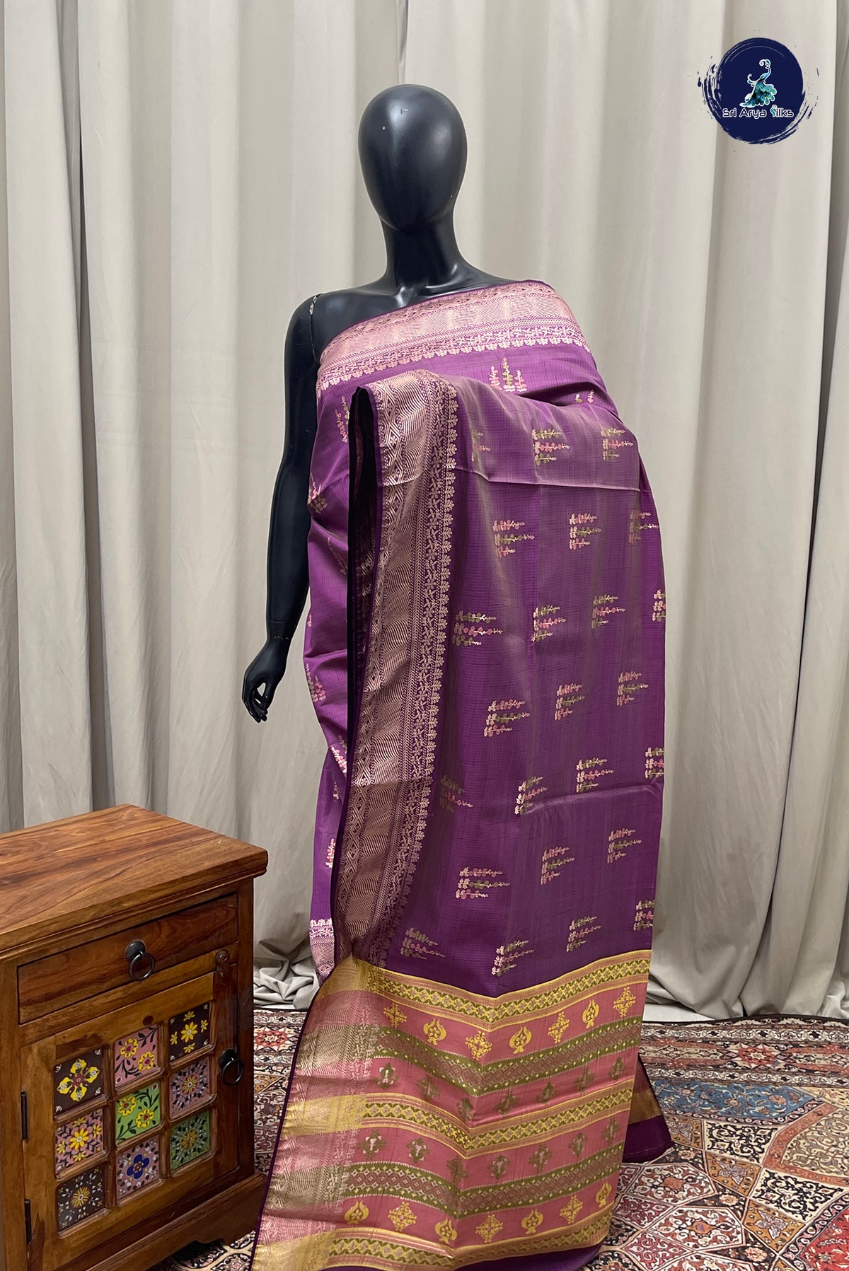 Purple Semi Tussar Saree With Zari Buttas Pattern