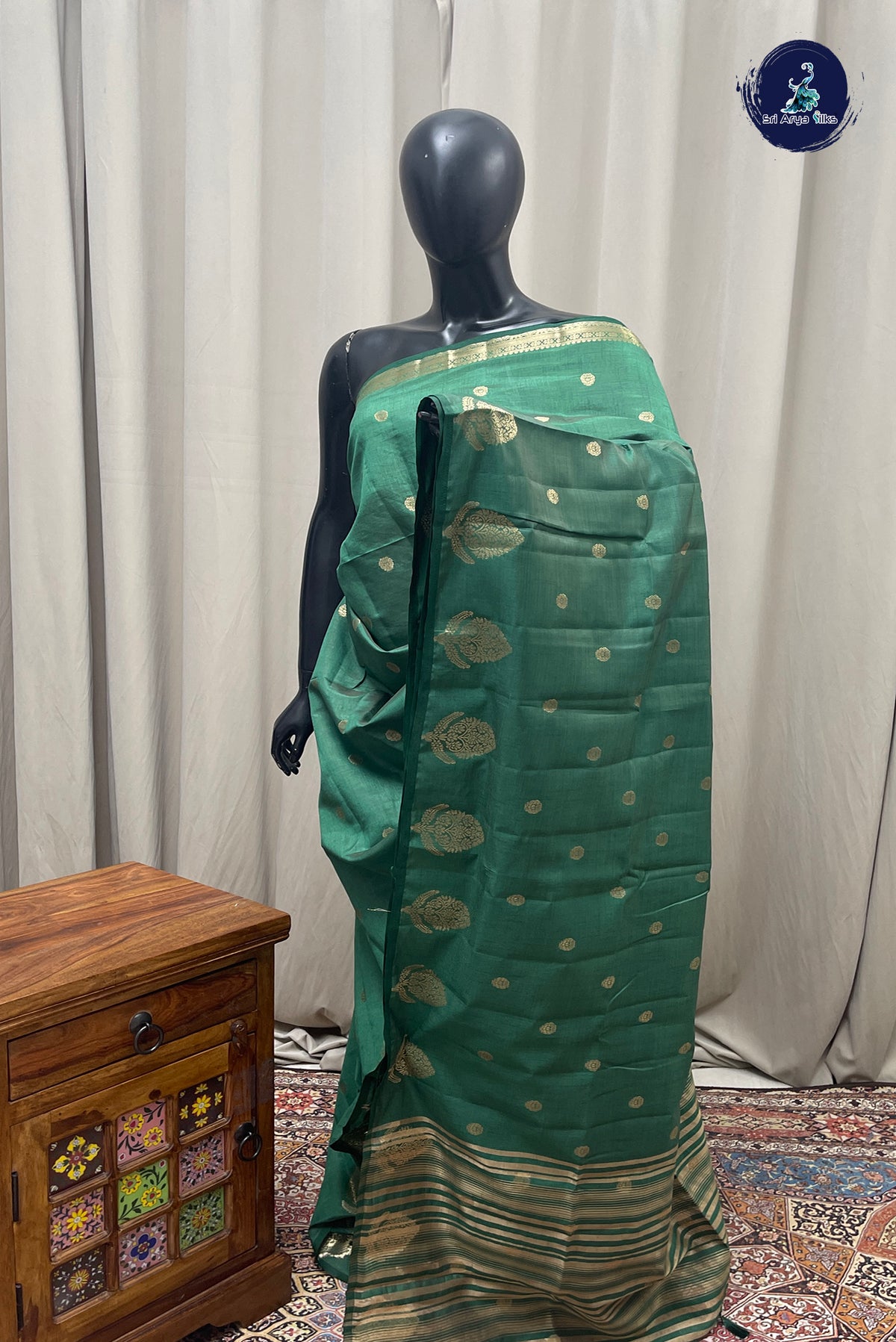 Dark Green Semi Tussar Saree With Zari Buttas Pattern