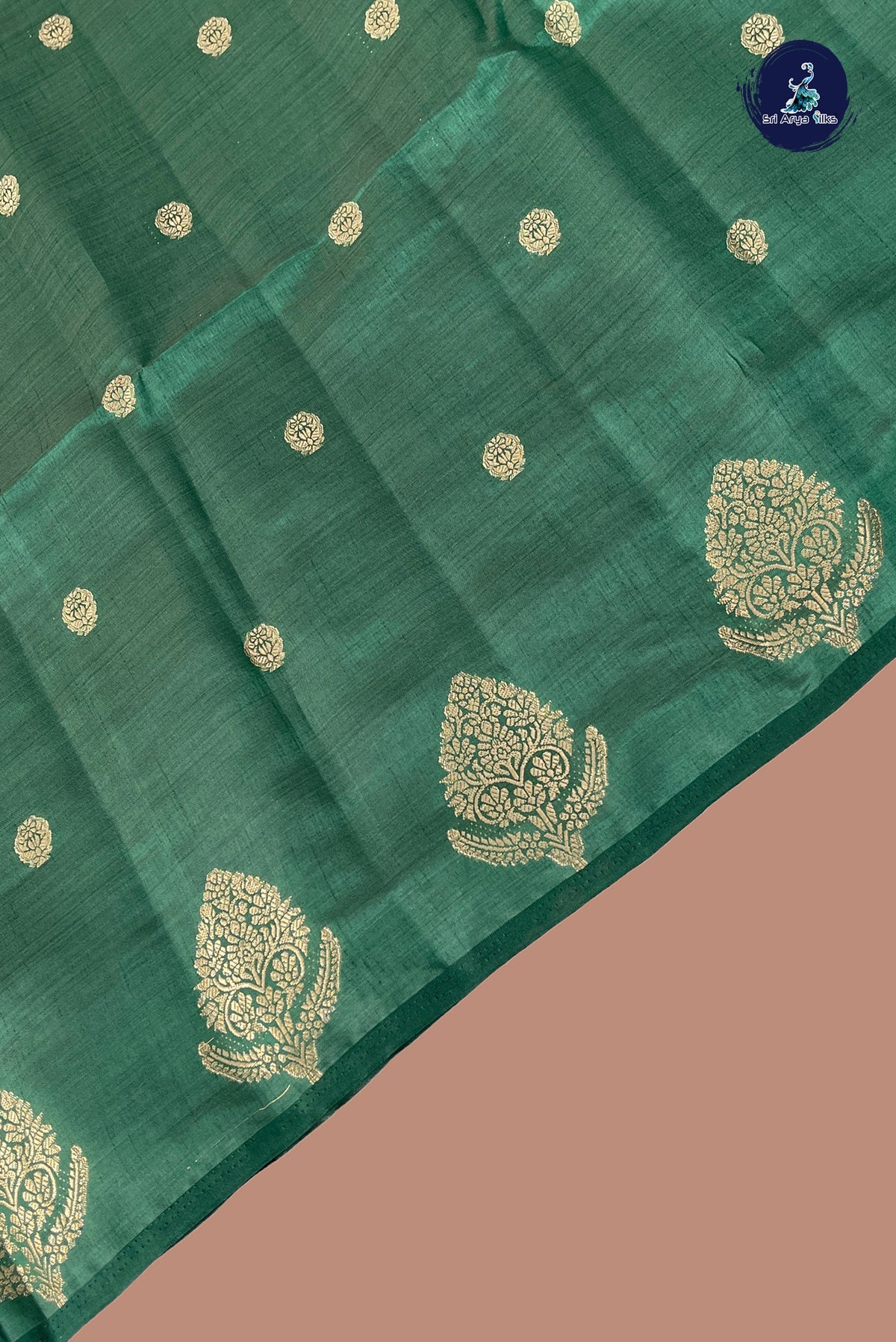 Dark Green Semi Tussar Saree With Zari Buttas Pattern