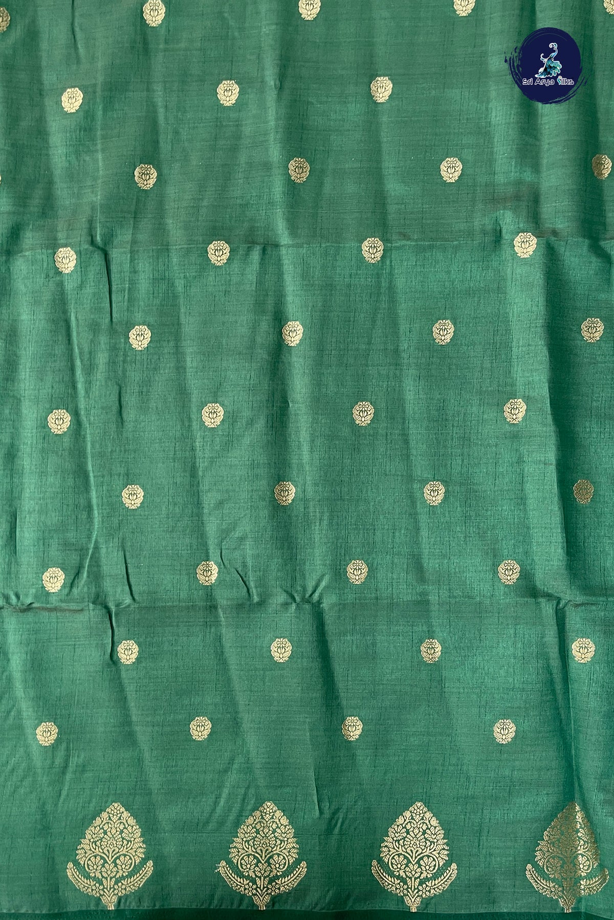 Dark Green Semi Tussar Saree With Zari Buttas Pattern