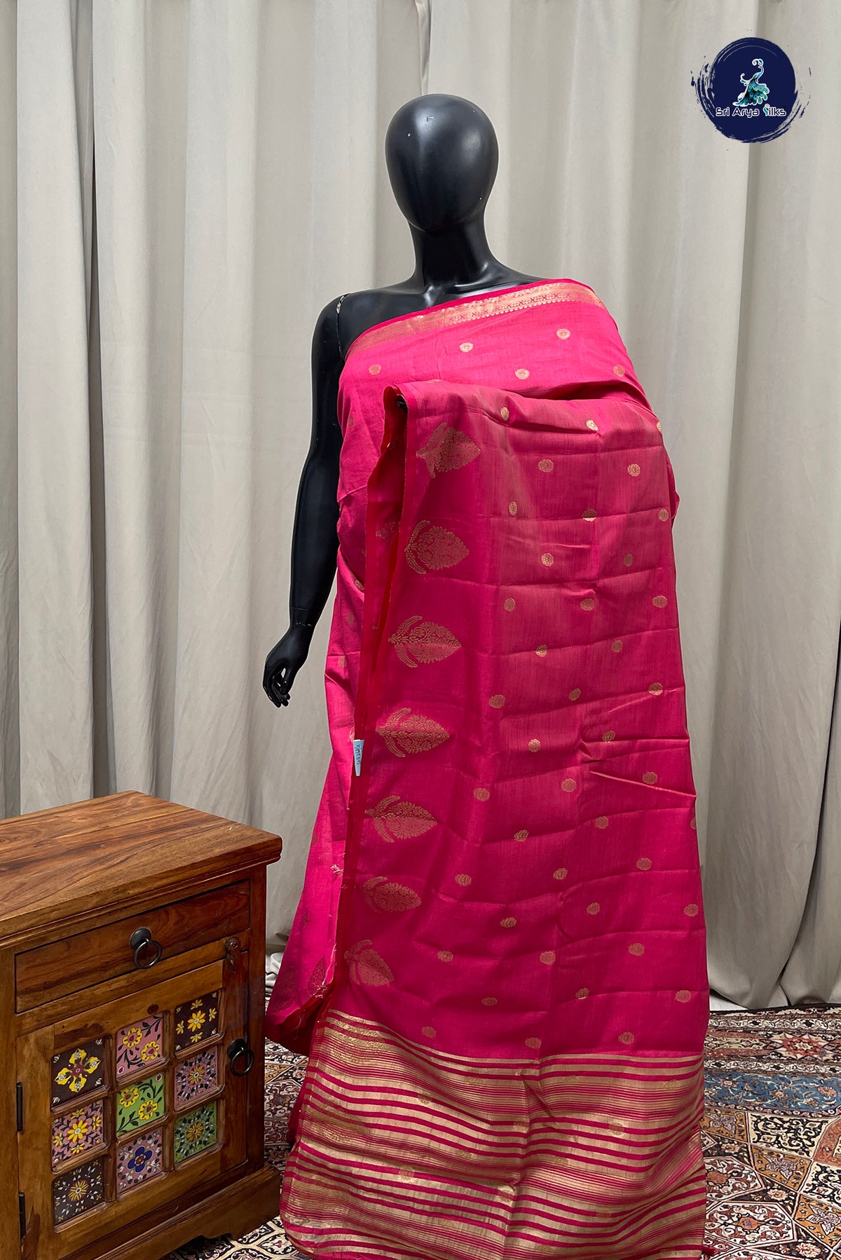 Dark Pink Semi Tussar Saree With Zari Buttas Pattern