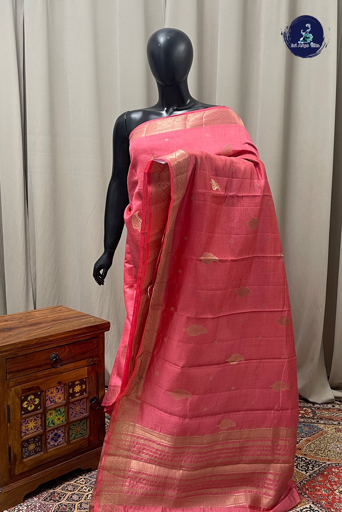 Pink Semi Tussar Saree With Zari Buttas Pattern