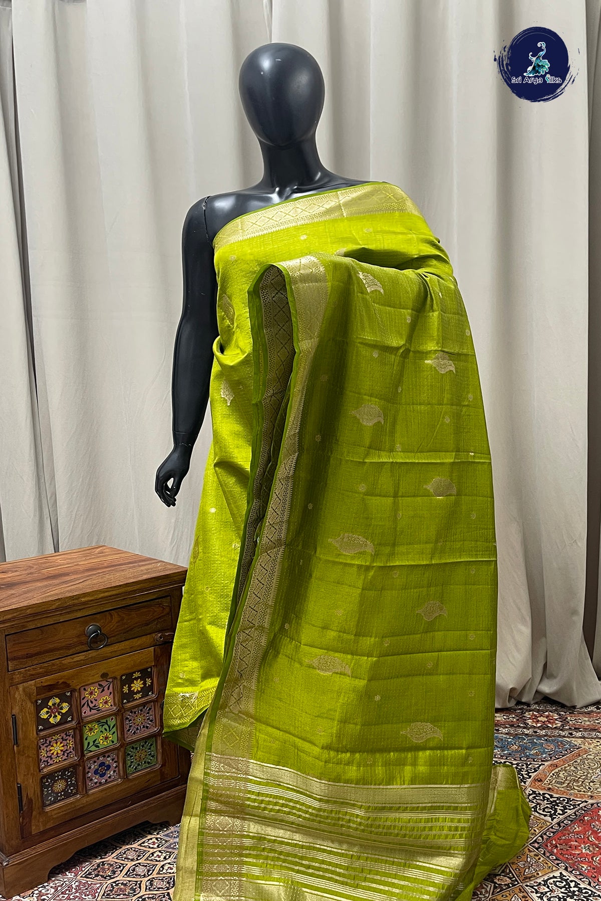 Light Green Semi Tussar Saree With Zari Buttas Pattern