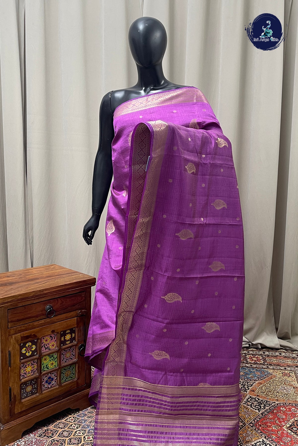 Purple Semi Tussar Saree With Zari Buttas Pattern