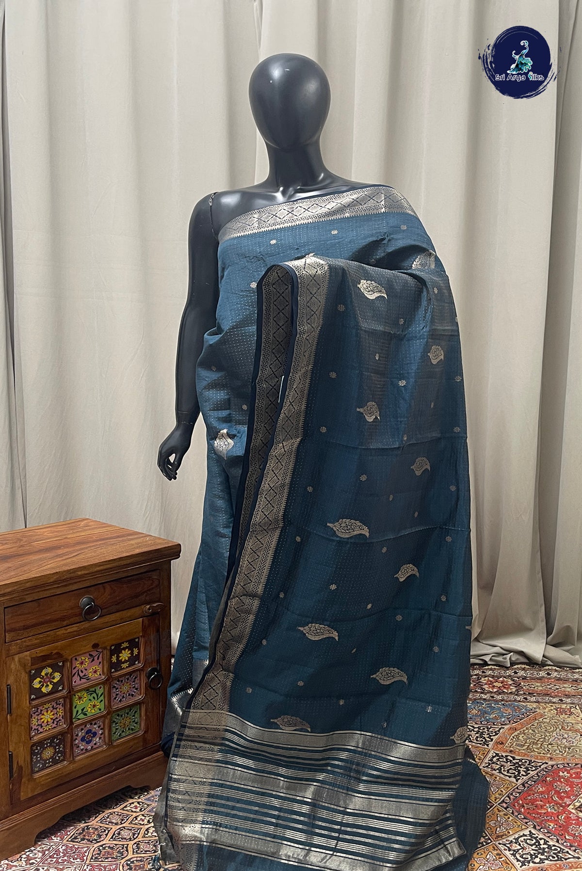 Peacock Blue Semi Tussar Saree With Zari Buttas Pattern