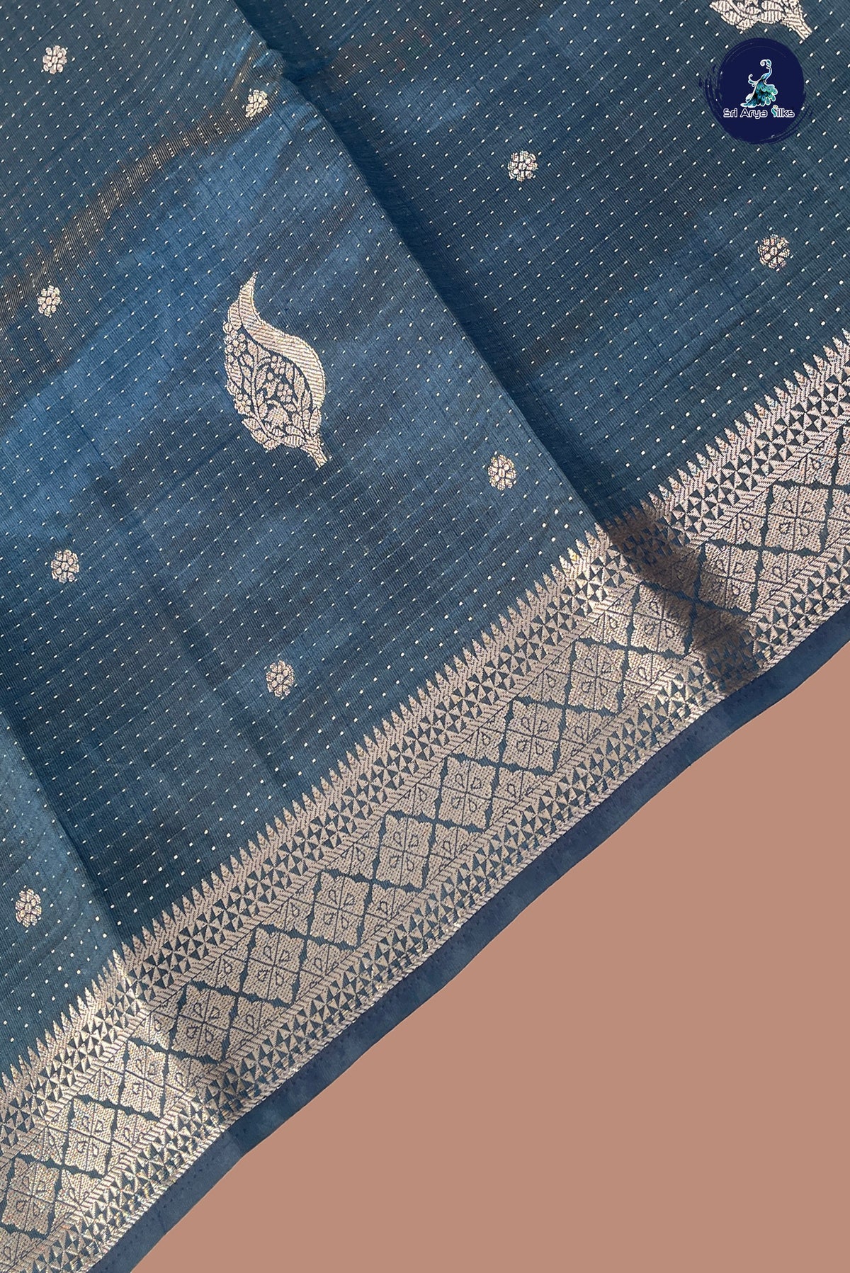 Peacock Blue Semi Tussar Saree With Zari Buttas Pattern