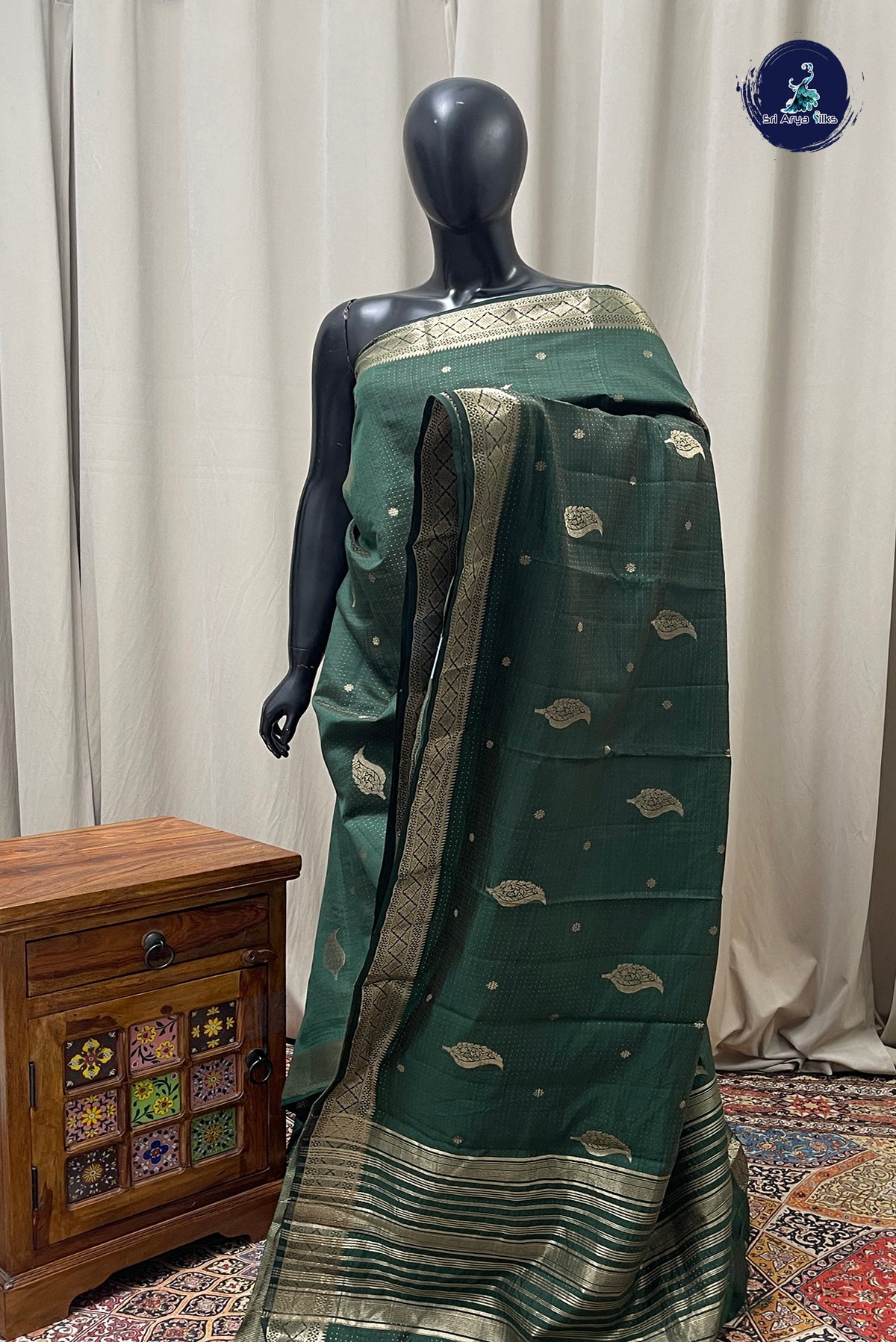 Dark Green Semi Tussar Saree With Zari Buttas Pattern
