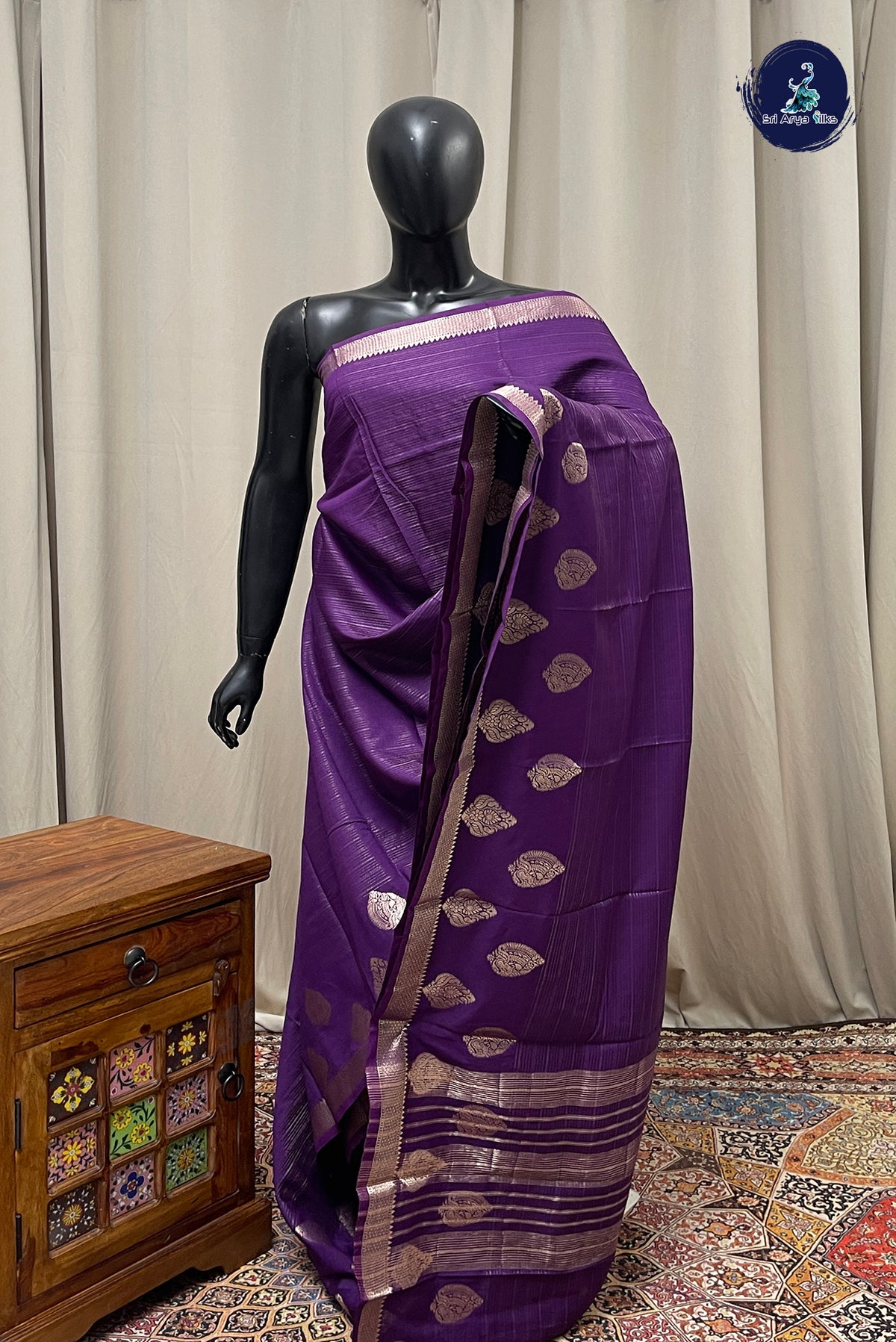 Violet Semi Banarasi Saree With Stripes Pattern