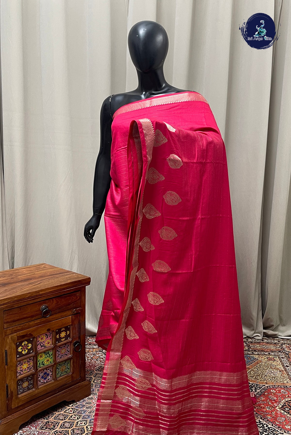 Rani Pink Semi Banarasi Saree With Stripes Pattern