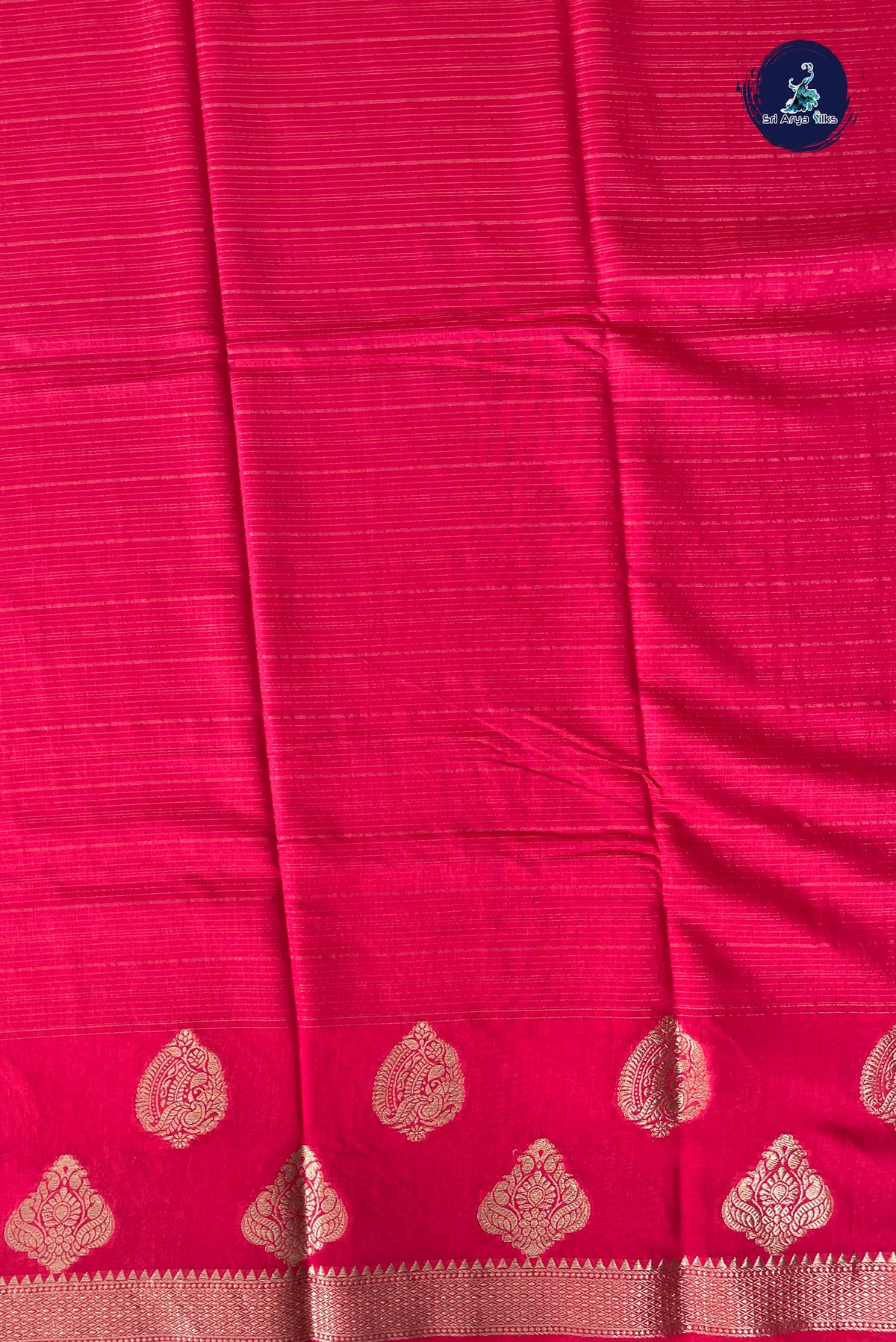Rani Pink Semi Banarasi Saree With Stripes Pattern