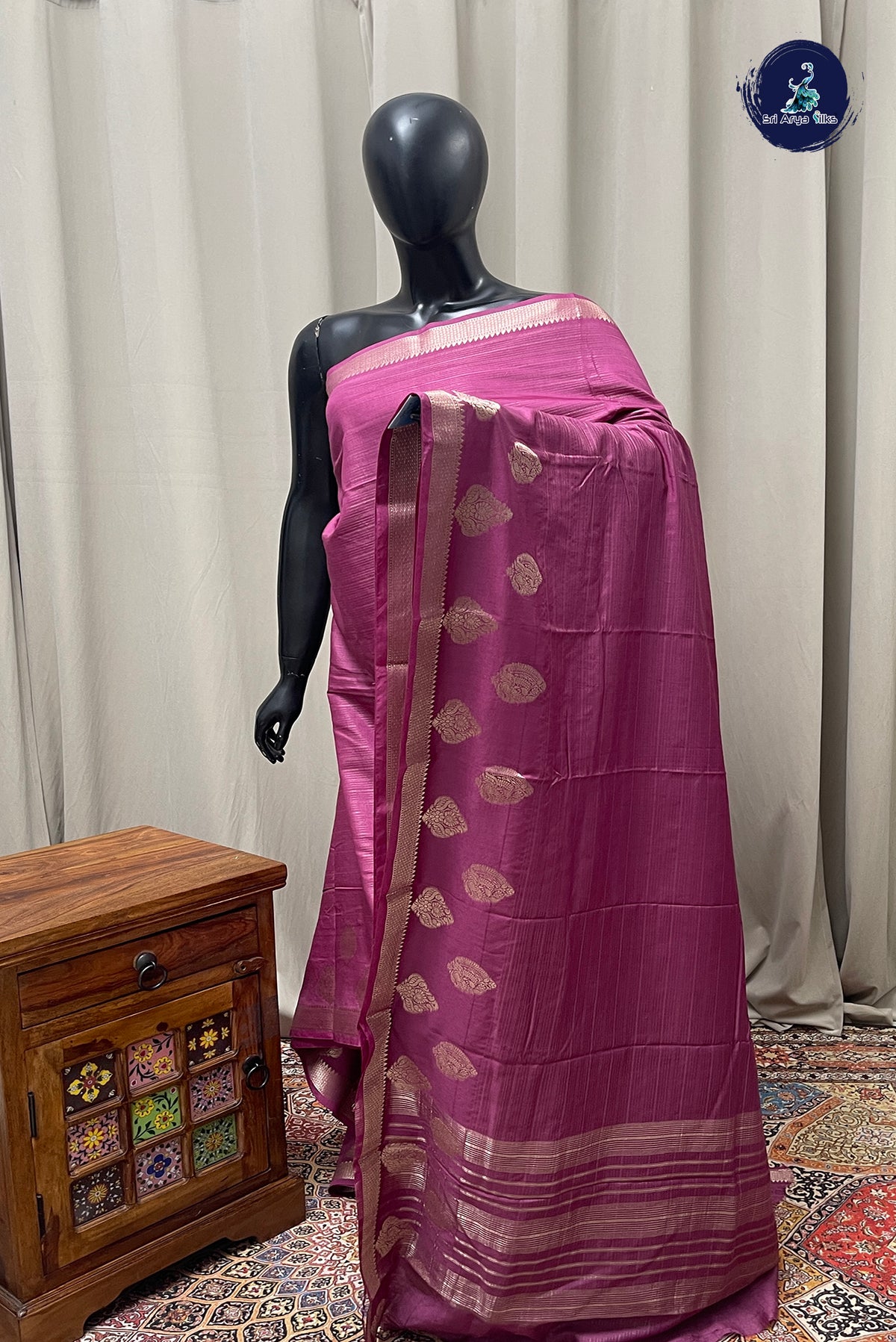Onion Pink Semi Banarasi Saree With Stripes Pattern
