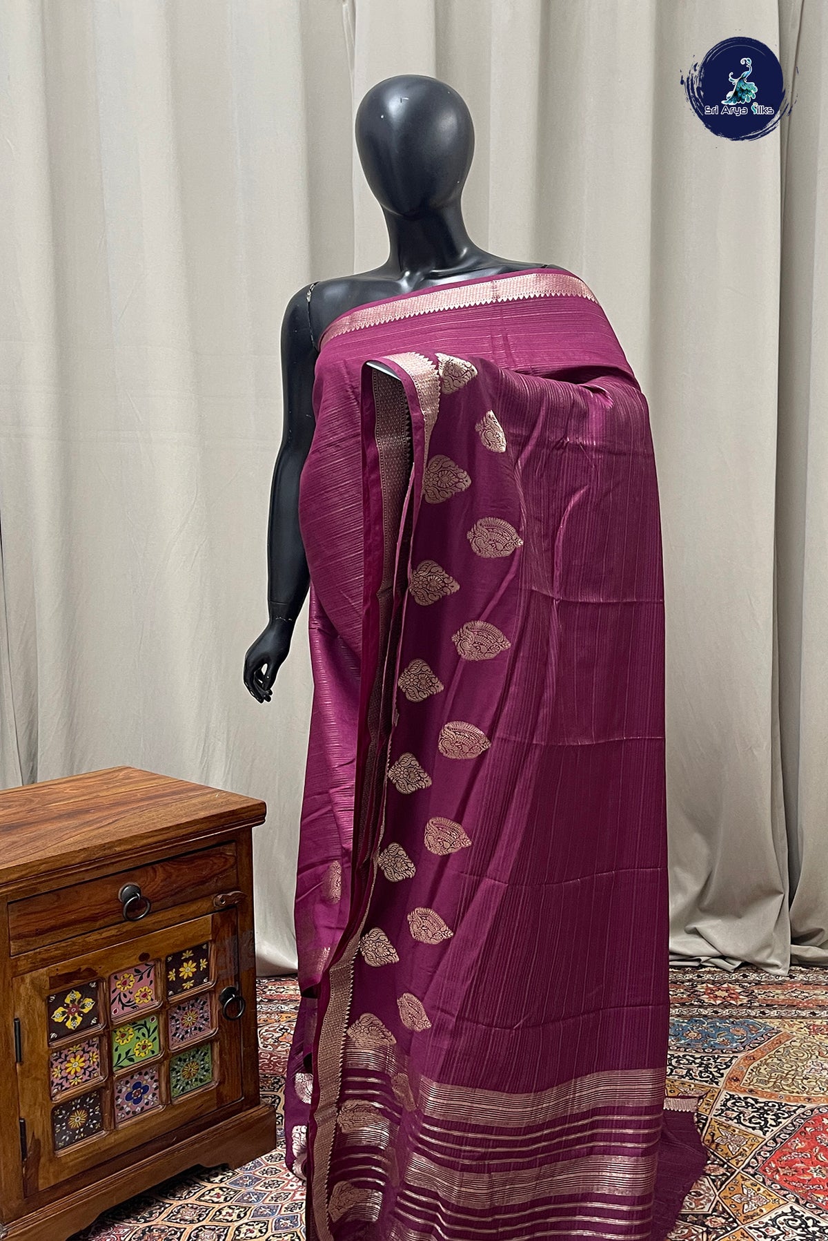 Dark Plum Semi Banarasi Saree With Stripes Pattern