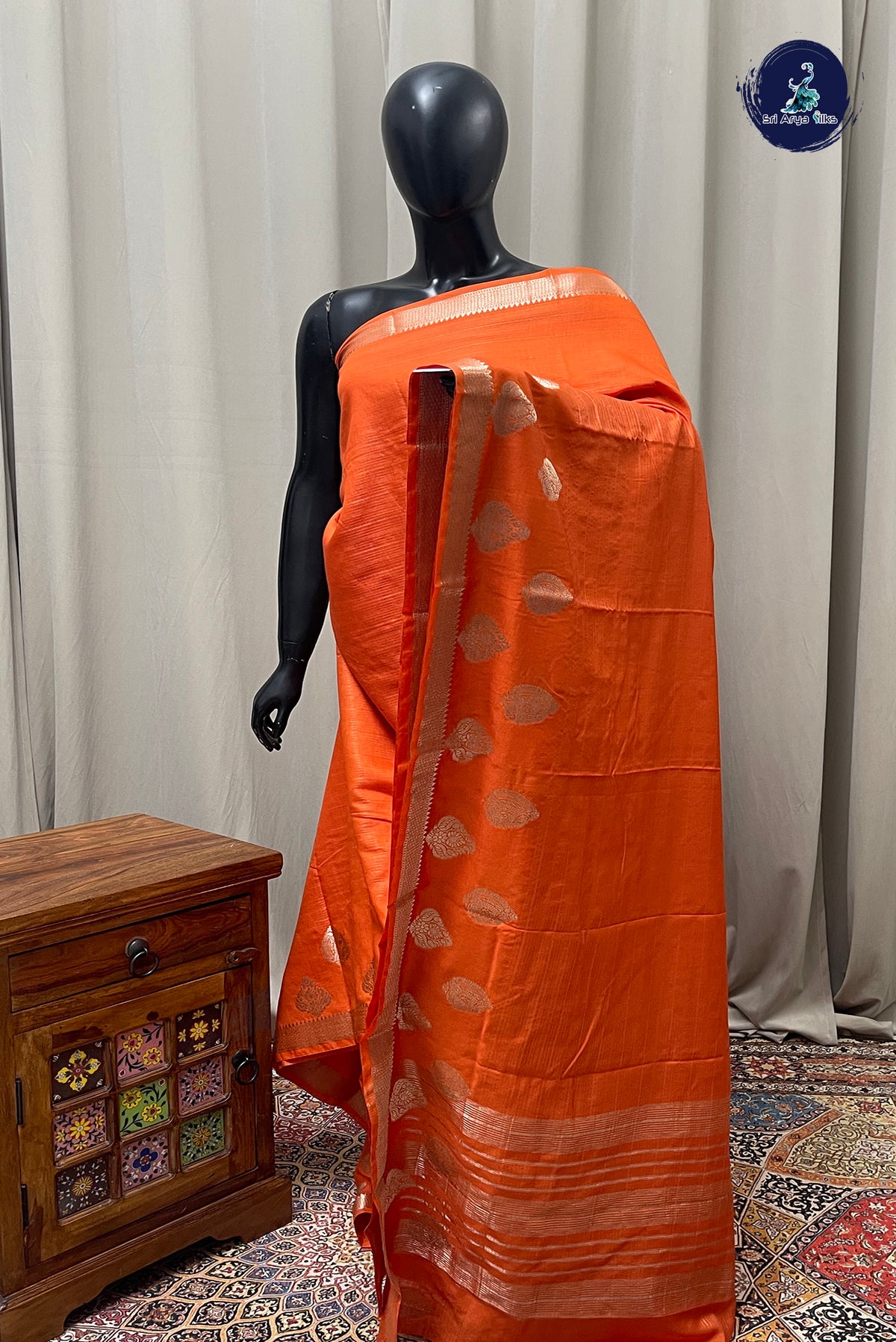 Orange Semi Banarasi Saree With Stripes Pattern