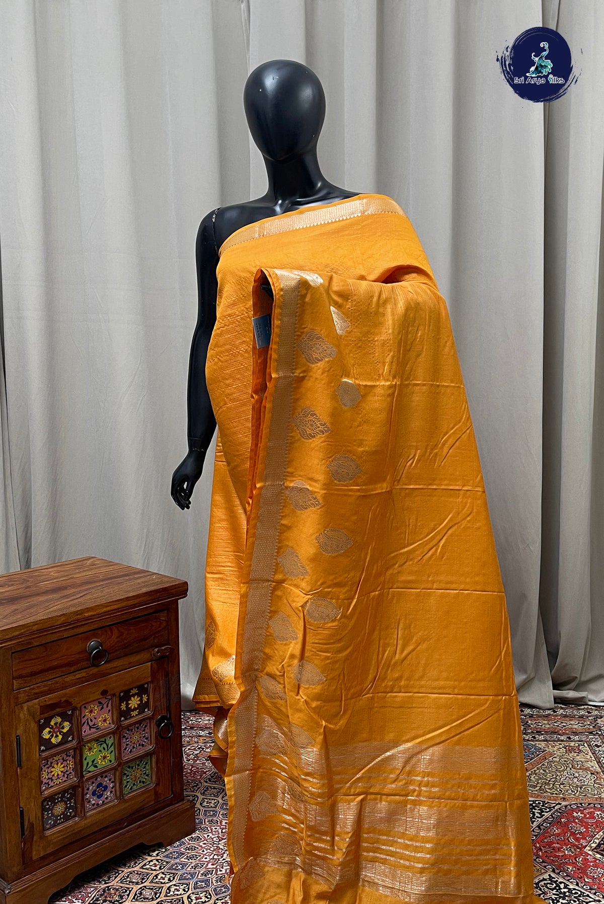 Lite Mustard Orange Semi Banarasi Saree With Stripes Pattern