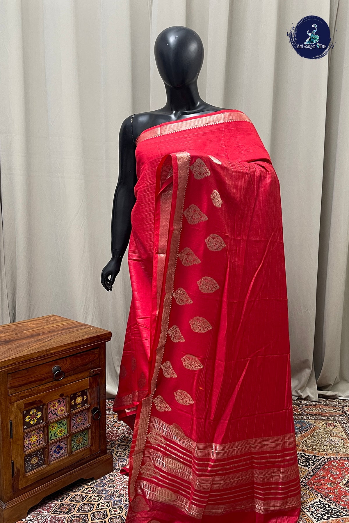 Reddish Pink Semi Banarasi Saree With Stripes Pattern