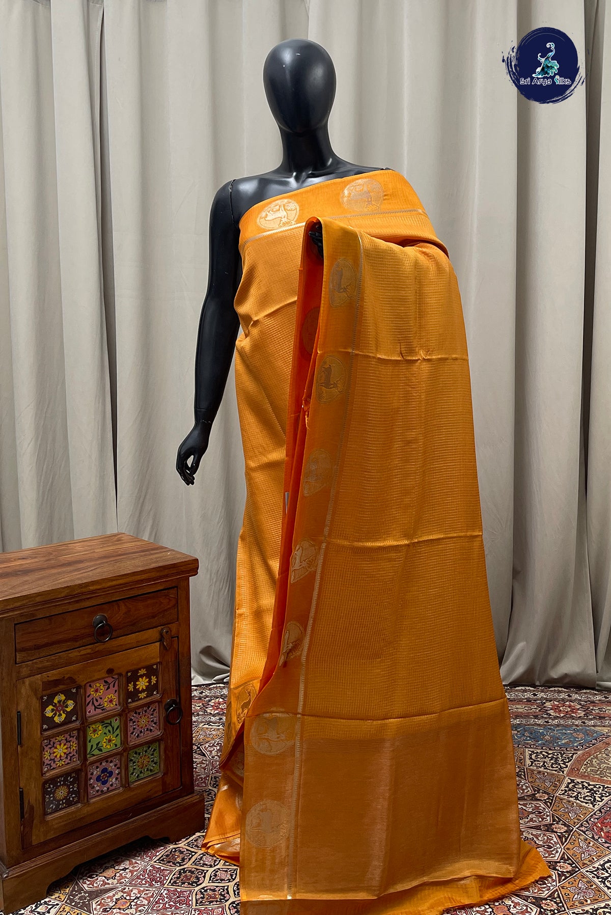 Lite Mustard Orange Semi Banarasi Saree With Zari Checked Pattern