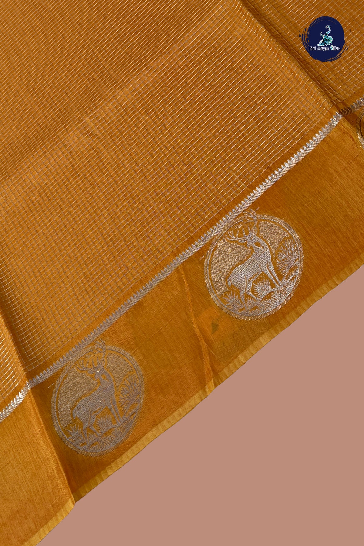 Lite Mustard Orange Semi Banarasi Saree With Zari Checked Pattern