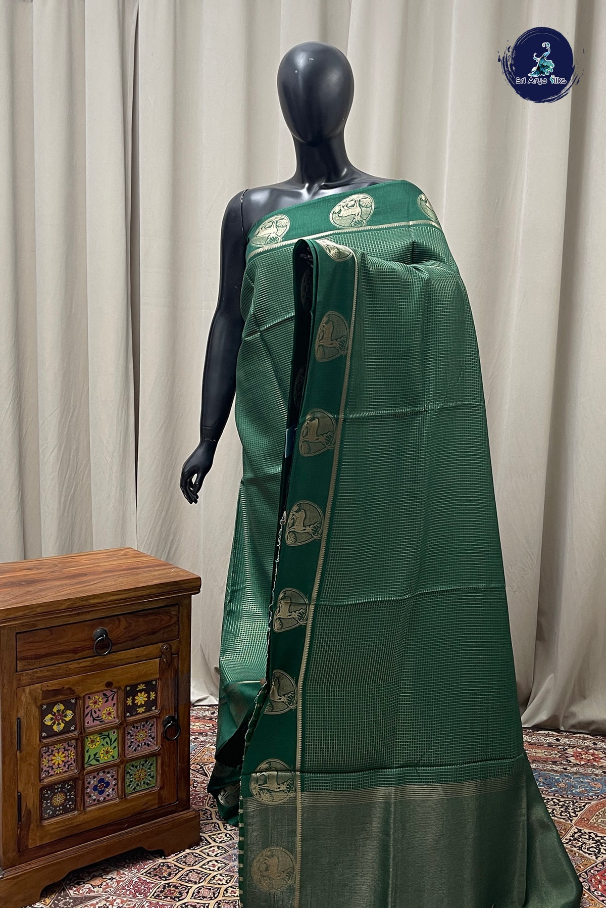 Dark Green Semi Banarasi Saree With Zari Checked Pattern