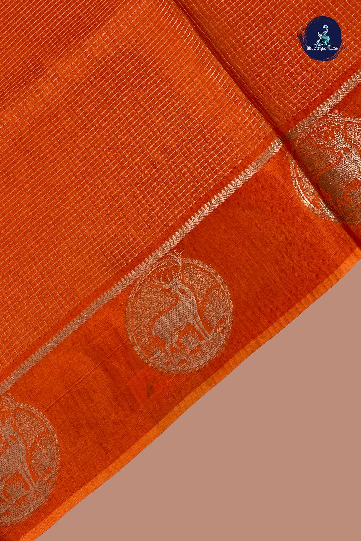 Orange Semi Banarasi Saree With Zari Checked Pattern
