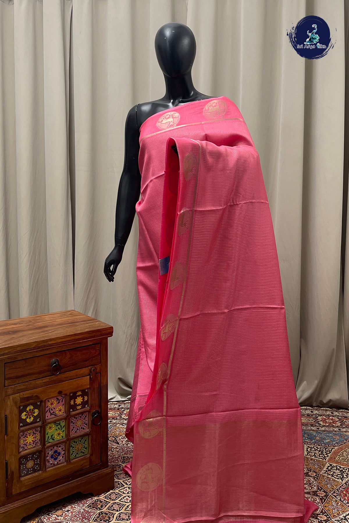 Light Pink Semi Banarasi Saree With Zari Checked Pattern