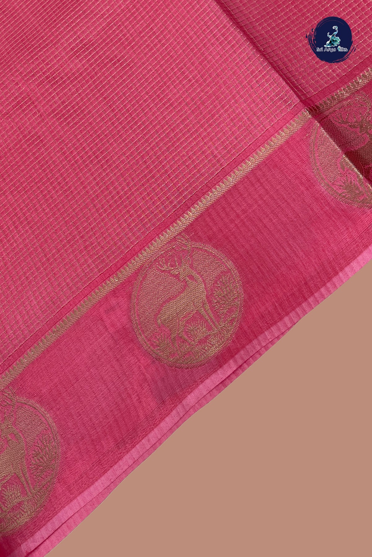 Light Pink Semi Banarasi Saree With Zari Checked Pattern
