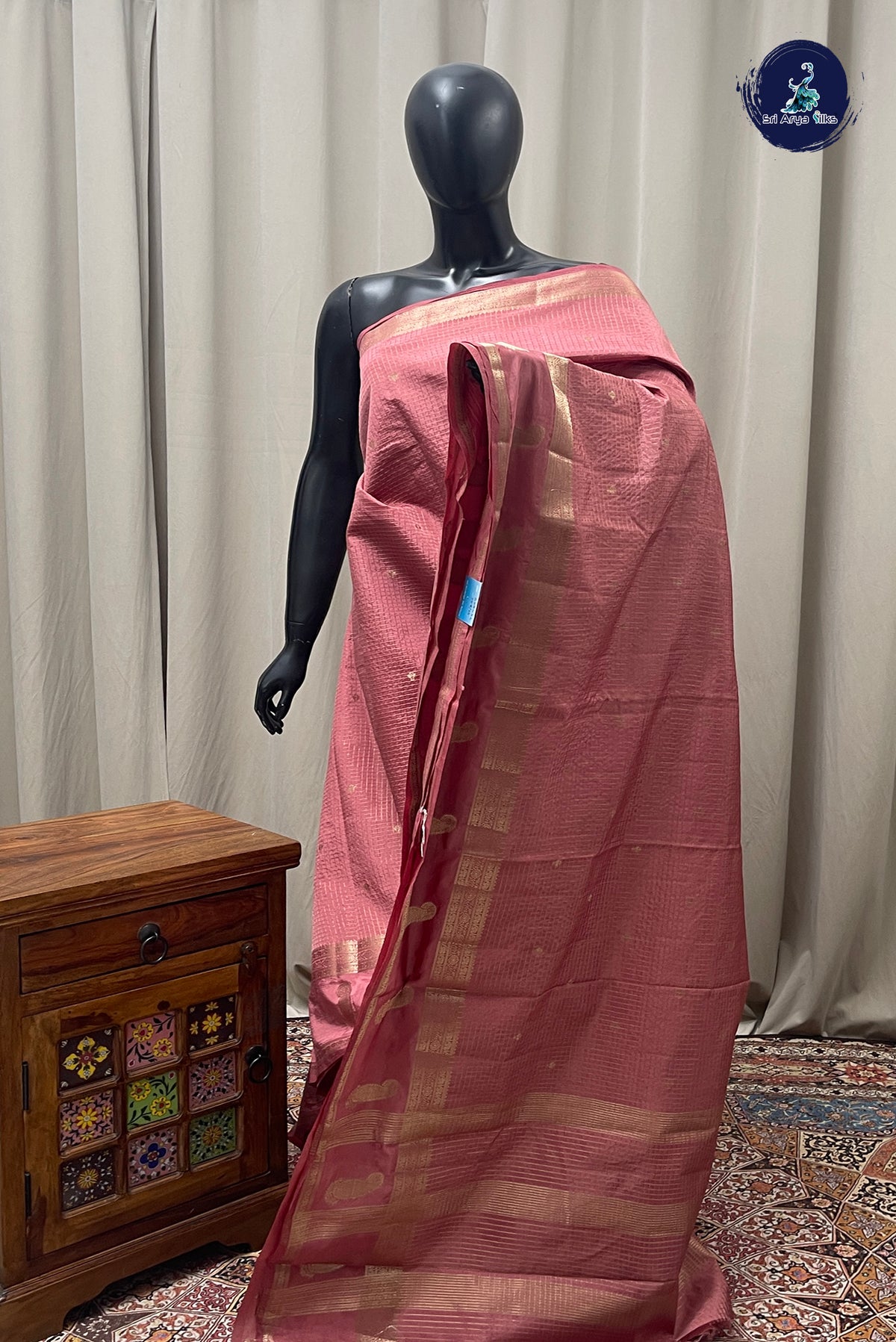 Caramel Shade Semi Banarasi Saree With Zari Checked Pattern