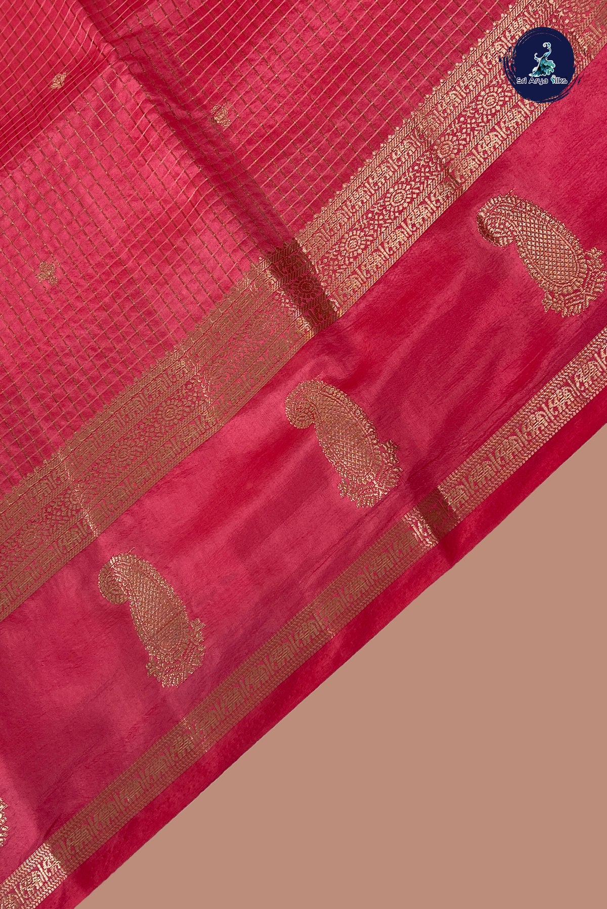 Pink Semi Banarasi Saree With Zari Checked Pattern