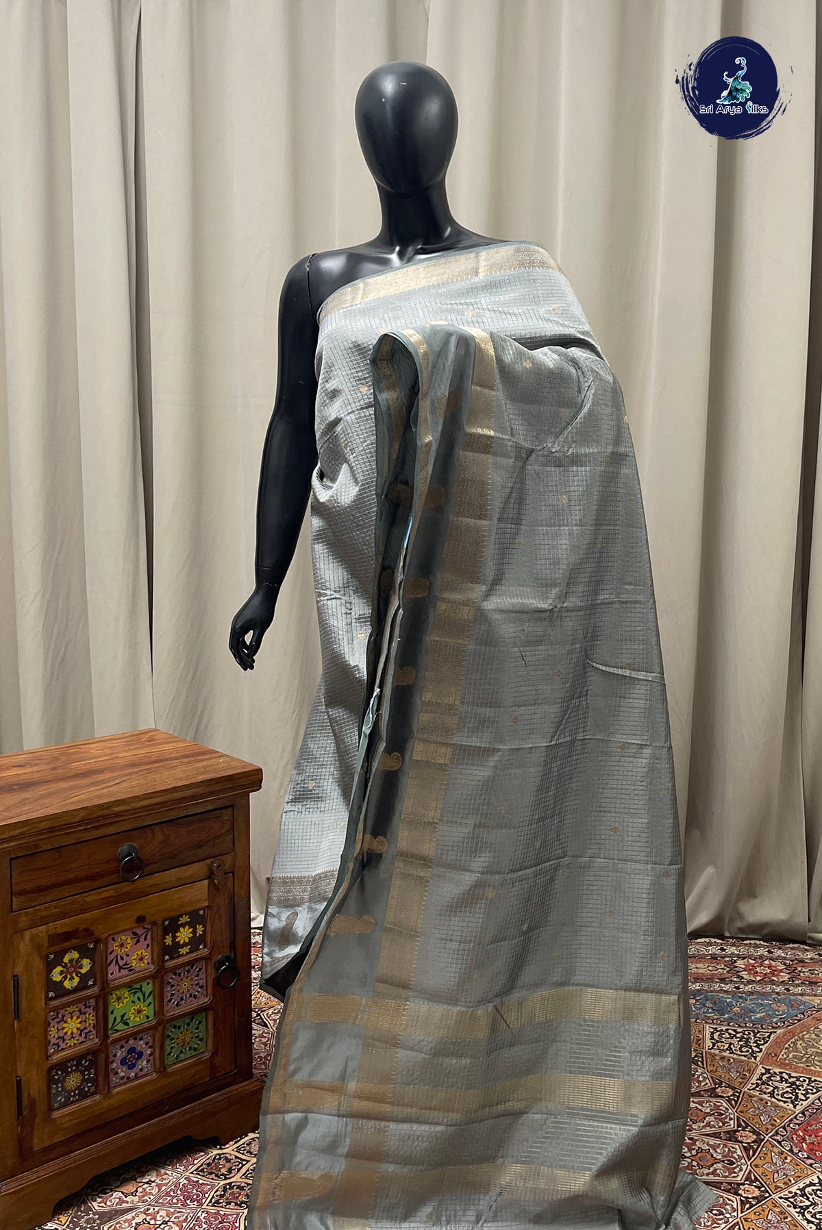 Grey Semi Banarasi Saree With Zari Checked Pattern
