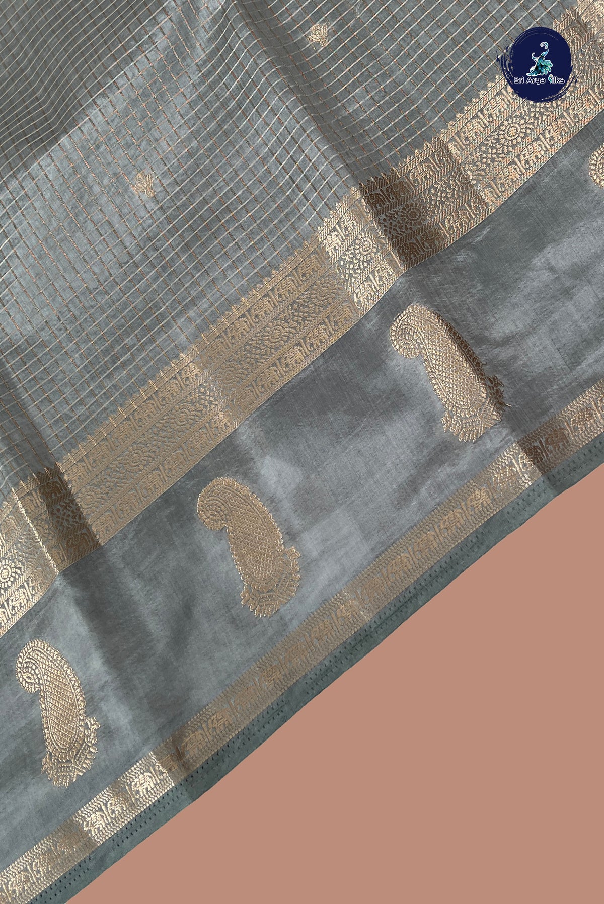 Grey Semi Banarasi Saree With Zari Checked Pattern