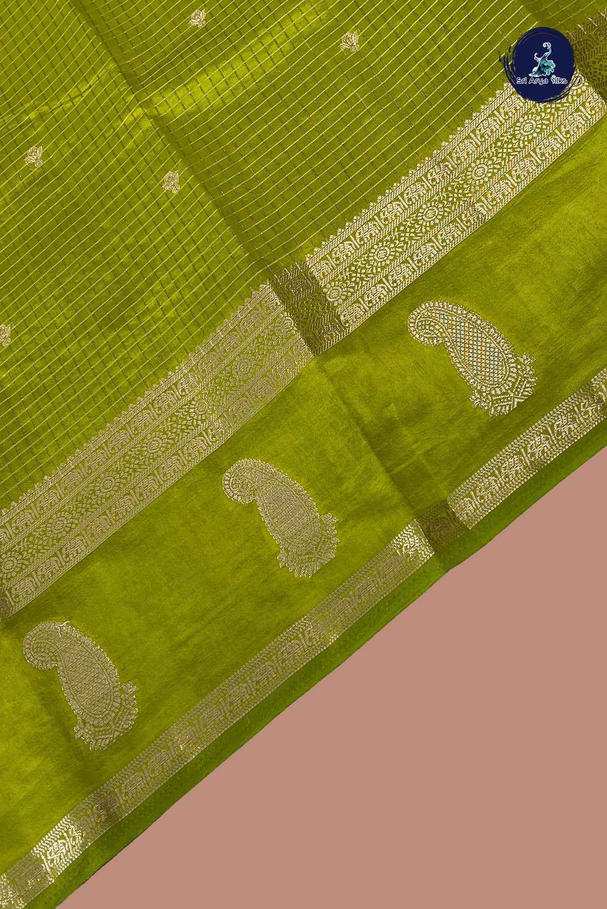 Lime Green Semi Banarasi Saree With Zari Checked Pattern