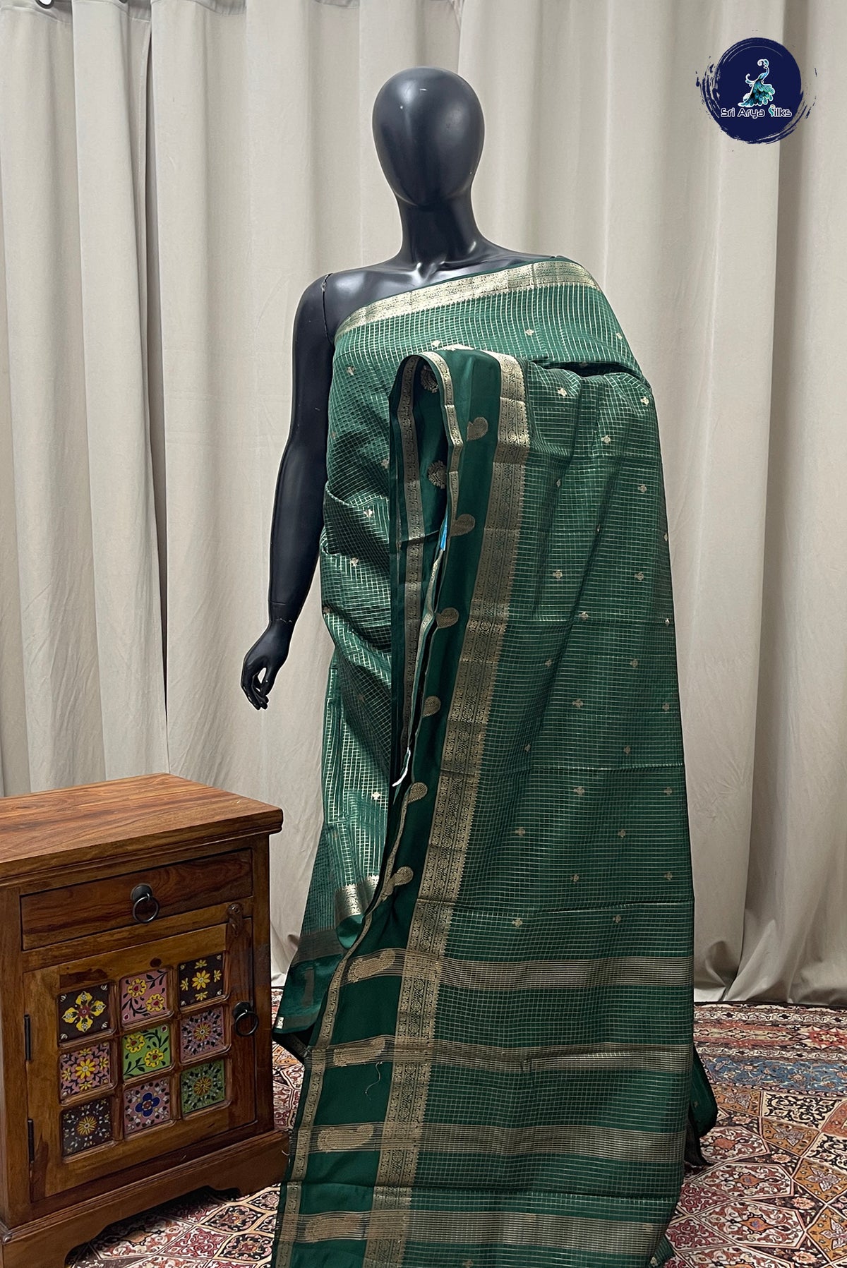 Dark Green Semi Banarasi Saree With Zari Checked Pattern