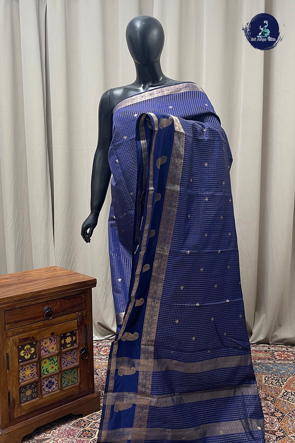 Navy Blue Semi Banarasi Saree With Zari Checked Pattern