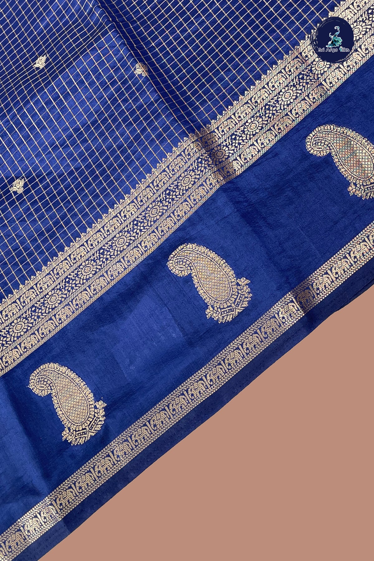 Navy Blue Semi Banarasi Saree With Zari Checked Pattern