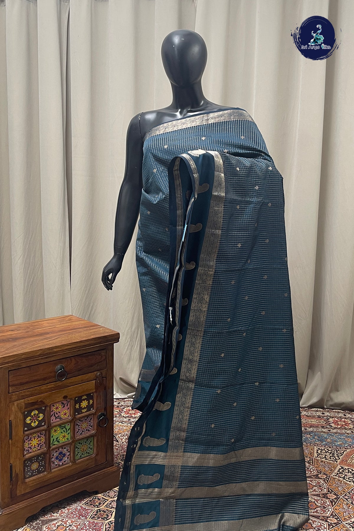 Blue Semi Banarasi Saree With Zari Checked Pattern