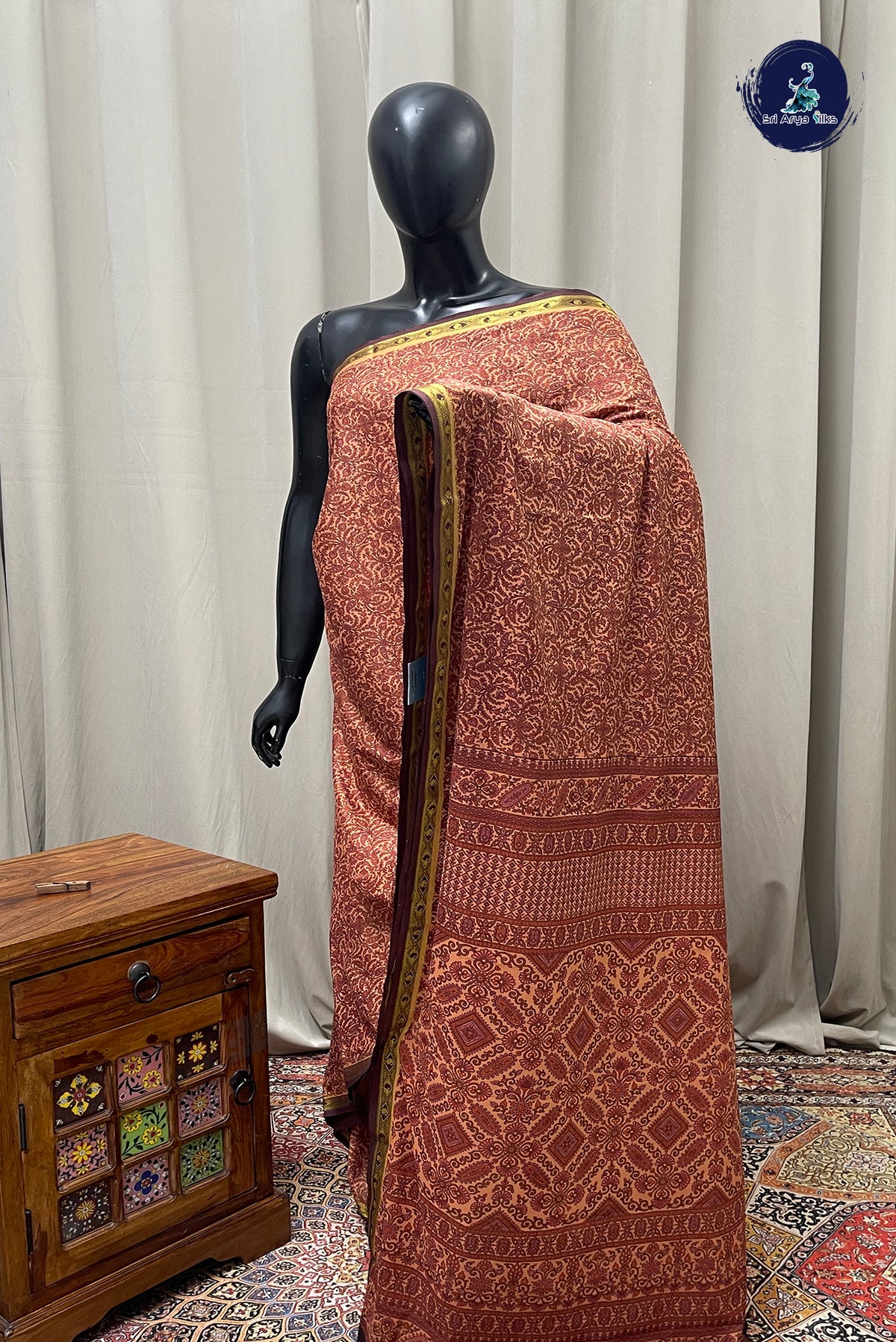 Peach Semi Mysore Silk With Floral Print Pattern