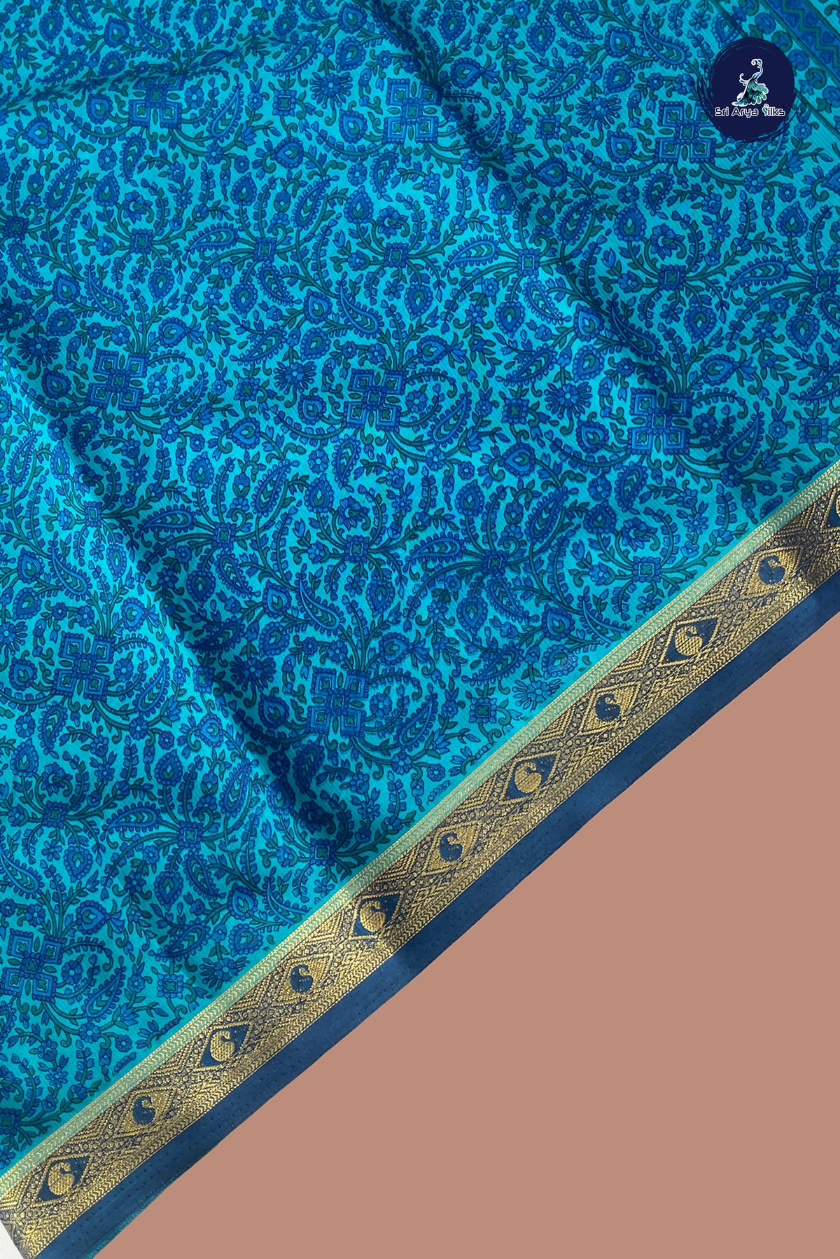 Blue Semi Mysore Silk With Floral Print Pattern